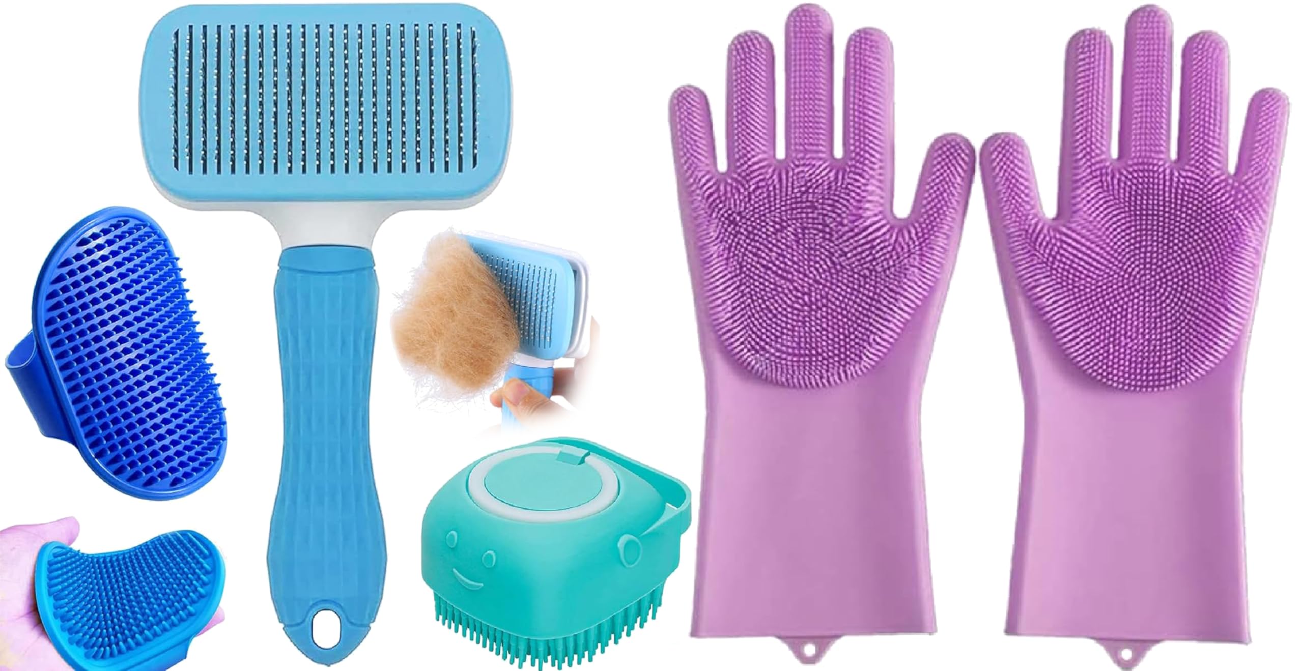 Avrin 4In1 Pet Grooming Kit For Dogs & Cats | Includes SelfCleaning Slicker Brush, Silicone Bath Gloves, Bath Scrubber & Cat 