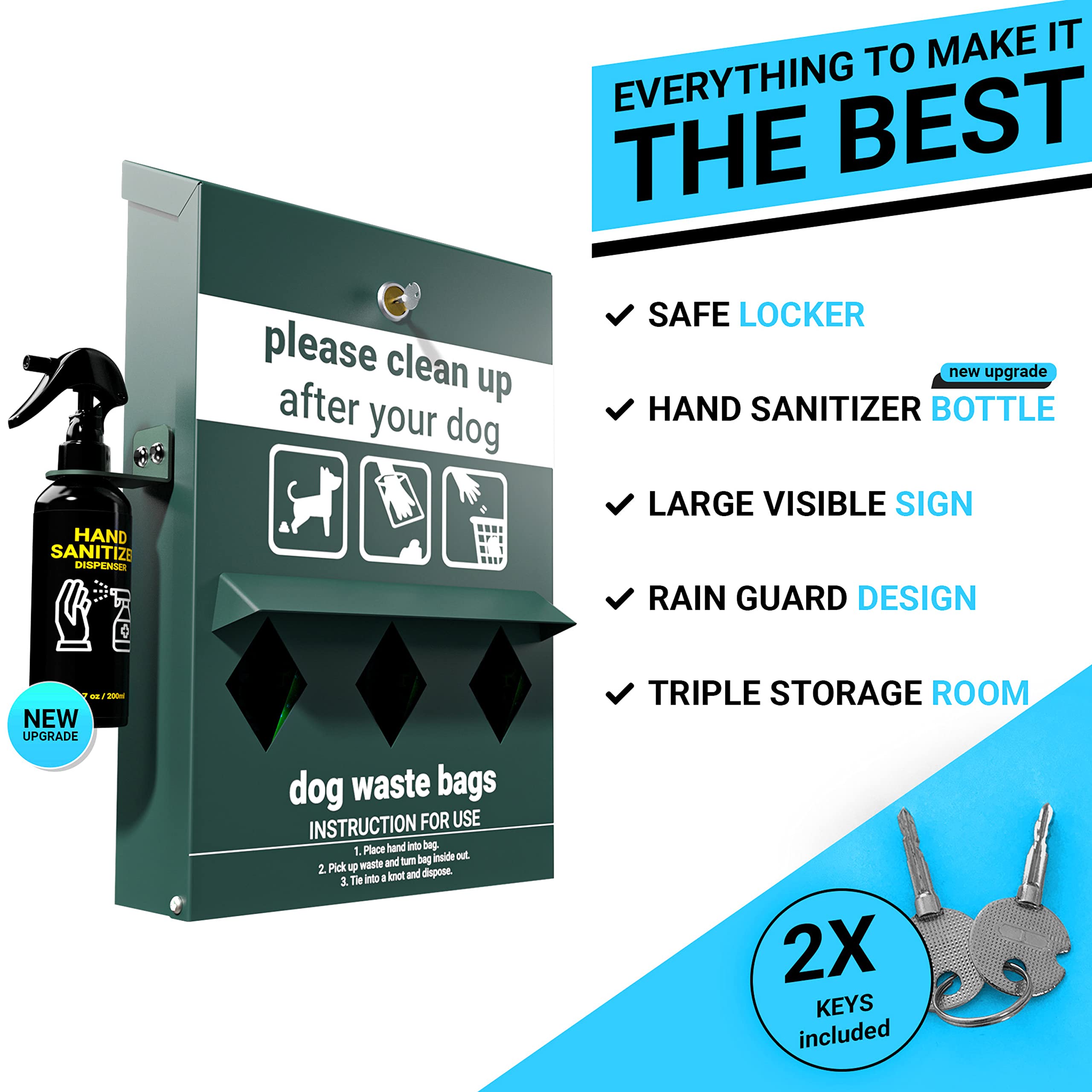 Flash Furniture Kessler Locking Dog Waste Bag Dispenser With Glow In The Dark Sign, Hand Sanitizer Bottle And Rain Guard - 600 R
