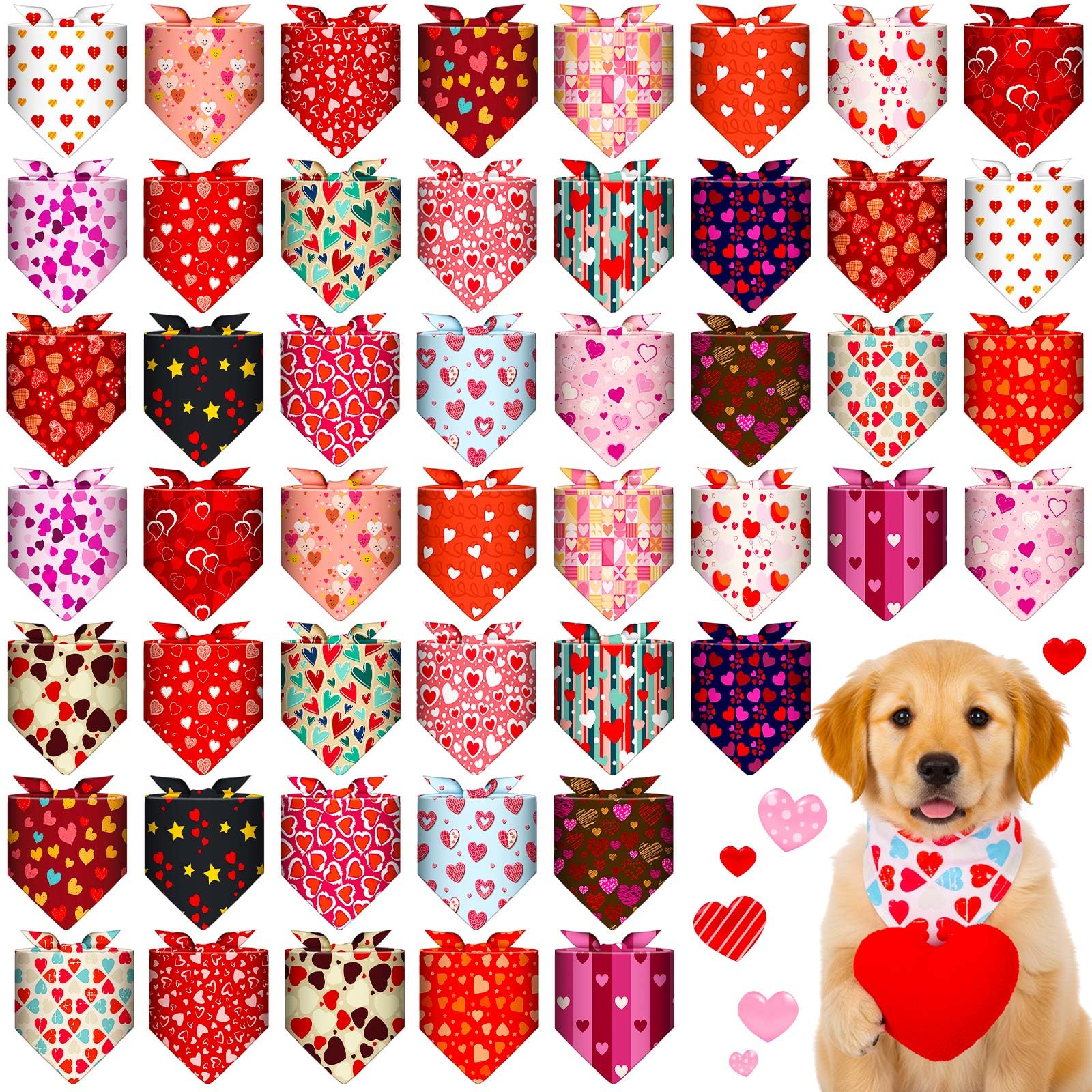 Sanwuta 48 Pcs Valentine's Day Dog Bandanas Bulk Valentines Dog Bandanas Adjustable Colorful Heart Scarf Red Pink Bib Accessorie