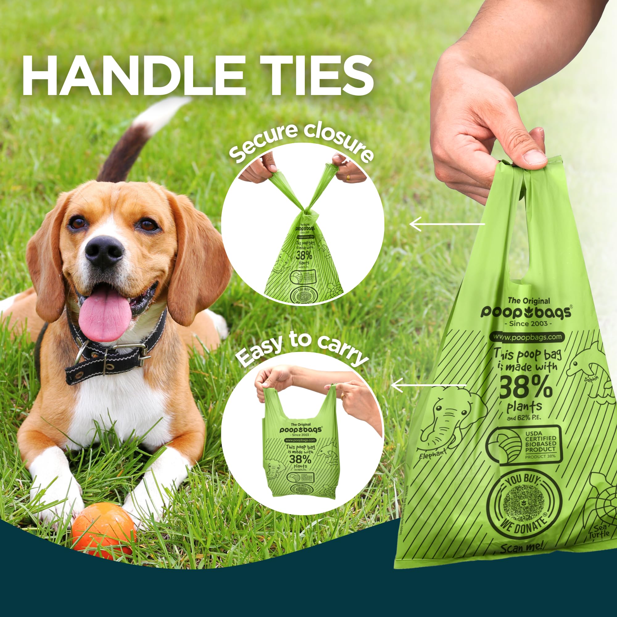 The Original Poop Bags® Dog Bags For Poop, Doggy Poop Bags Refills, Doggy Poop Bags 38% Plant Based Usda, Poop Bags For Dogs, Dog Poo Bags With Handle Tie - Leak Proof & Strong Doggy Bag, Unscented