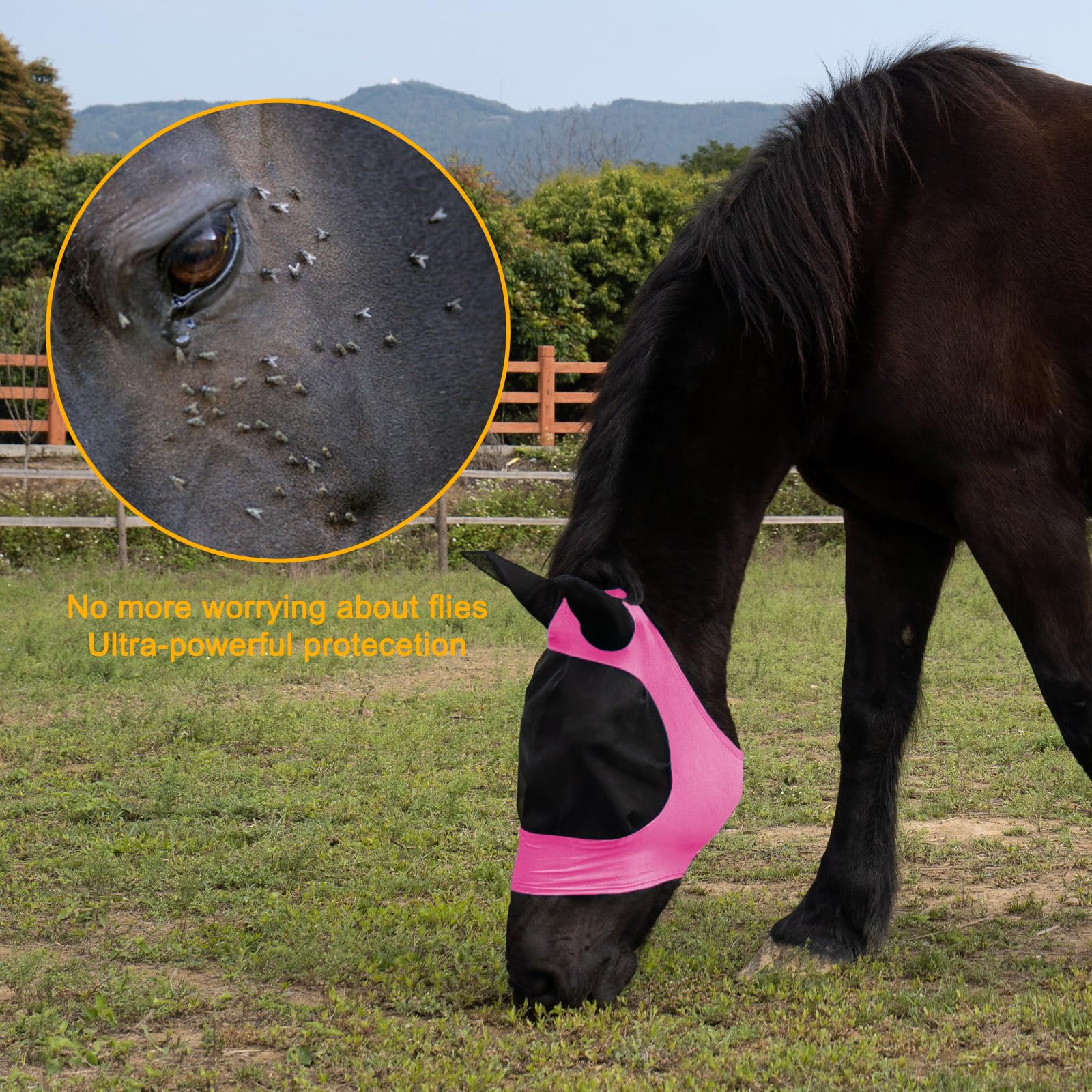 HUAME 2 Piece Horse Fly Mask with Ears, Comfortable Fit Stretch Fabric Big Eye Space Soft Breathable with UV Protection for Full