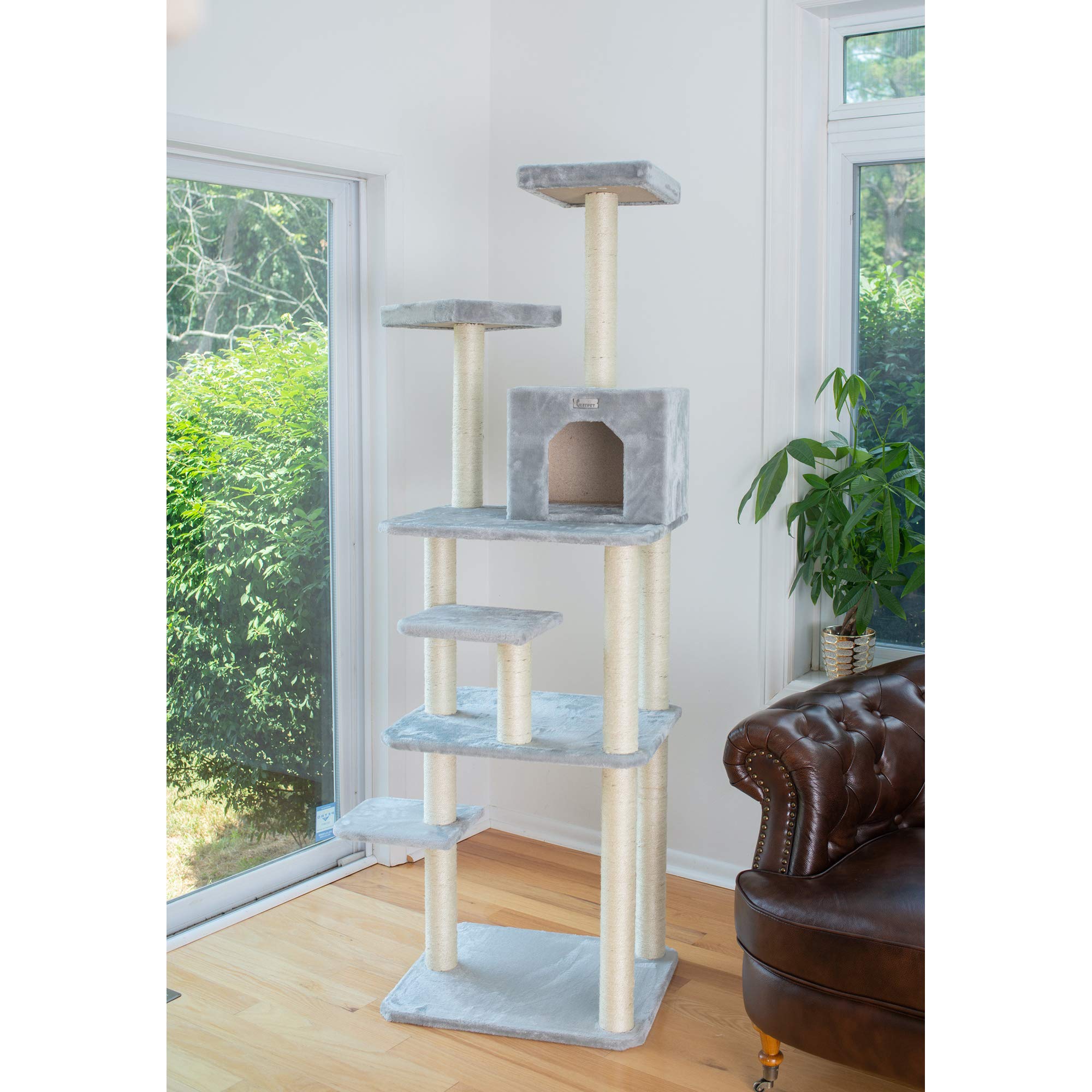 GleePet Cat Tree, 74-Inch Silver Gray, Faux Fur, Model GP78740822, 14D x 30.1W x 74H