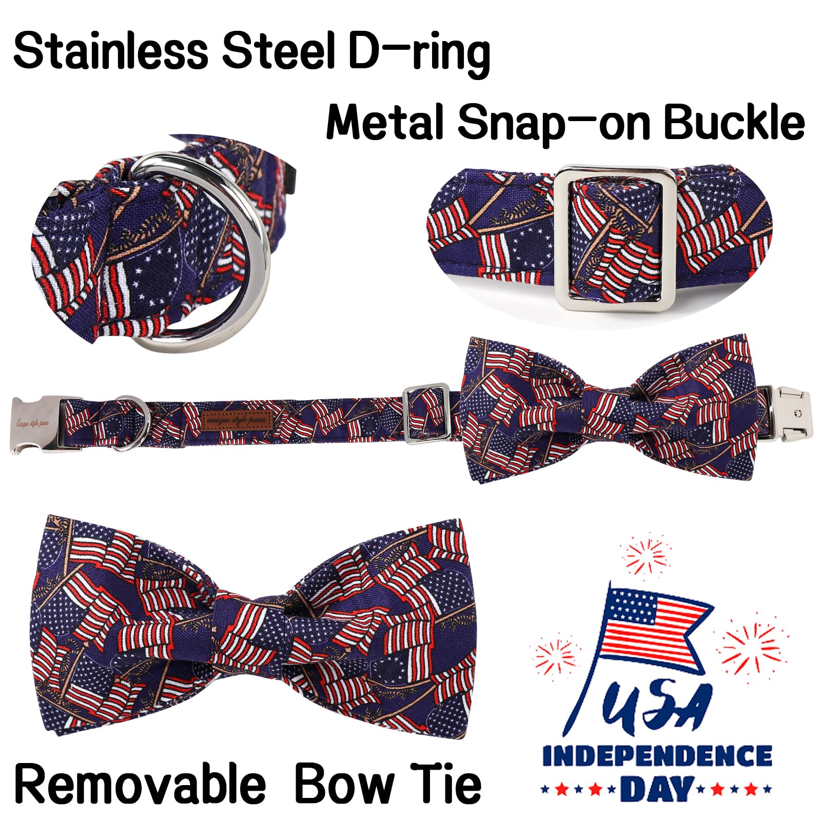 Patriotic Dog Collar With Bow, Unique Style Paws 4Th Of July Dog Collar, Independence Day Collars Adjustable American Flag Pet C
