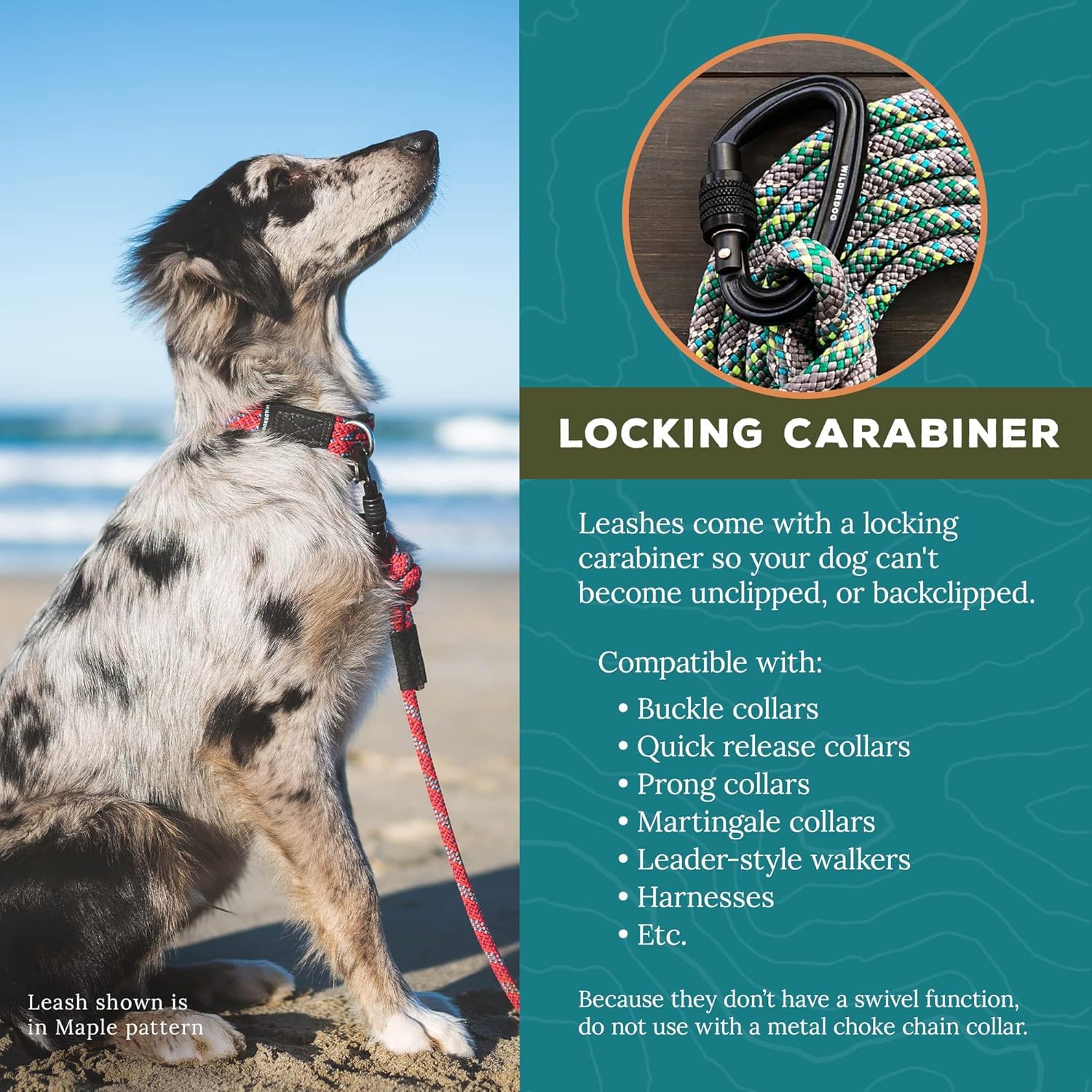 Wilderdog Carabiner Climbing Rope Dog Leash For Medium & Large Dogs - 5Ft - Camo