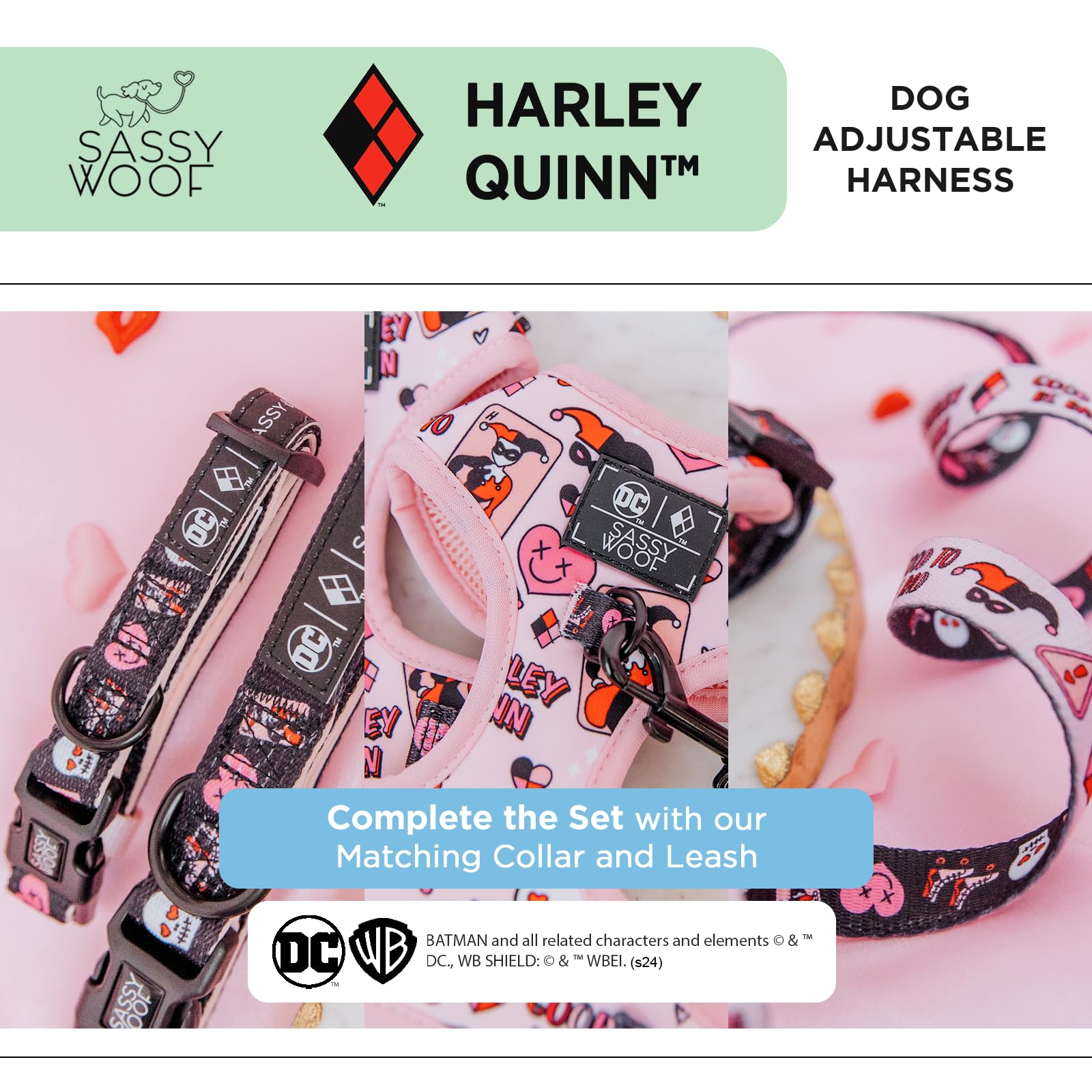 Sassy Woof Dog Adjustable Harness - Harley Quinn - Xl, Breathable Mesh, No Pull Design With Two D-Rings, Patented Design, Perfec