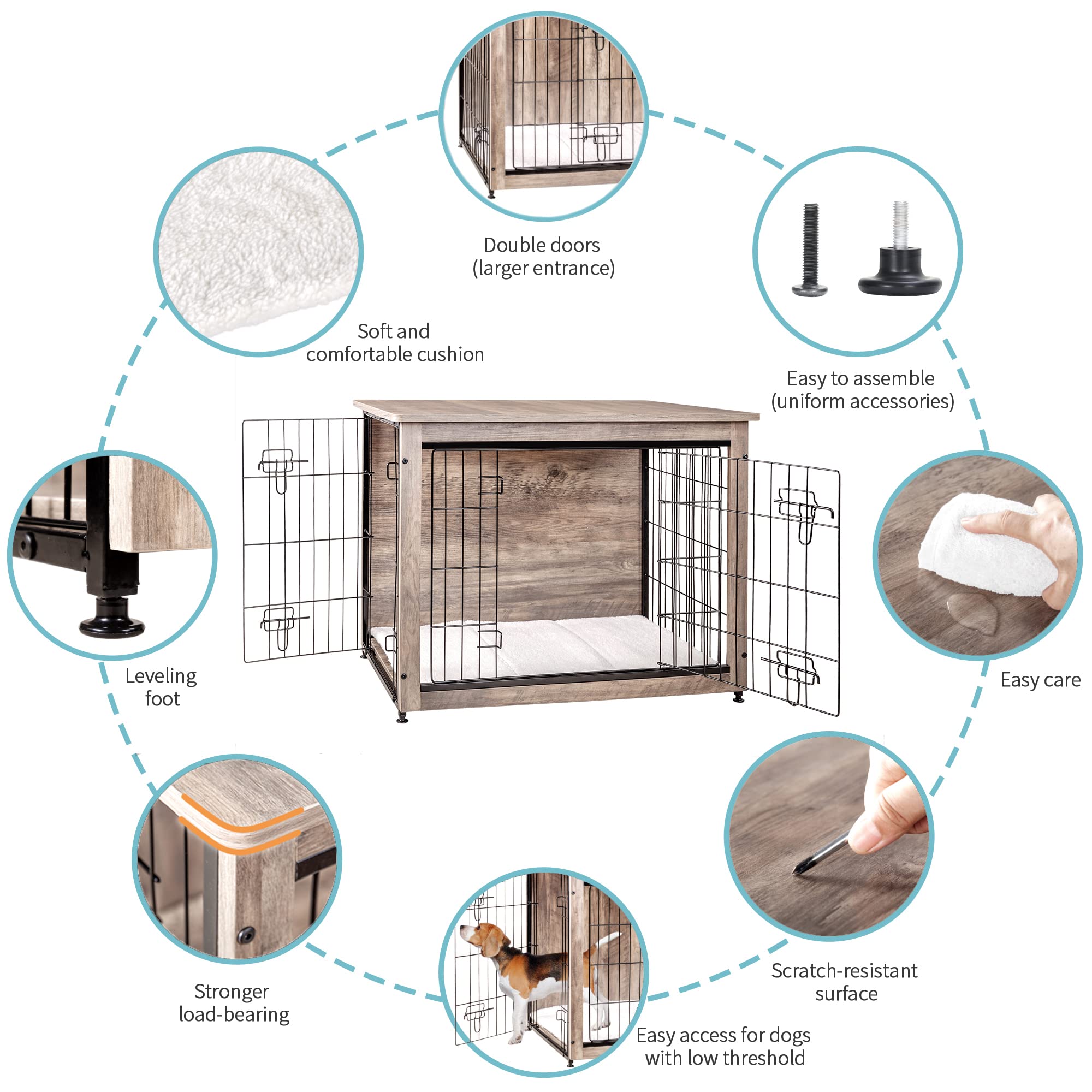 DWANTON Dog Crate Furniture with Cushion, Wooden Kennel Table with Double Doors, Indoor Dog House, Medium Size, 32.5 L, Greige