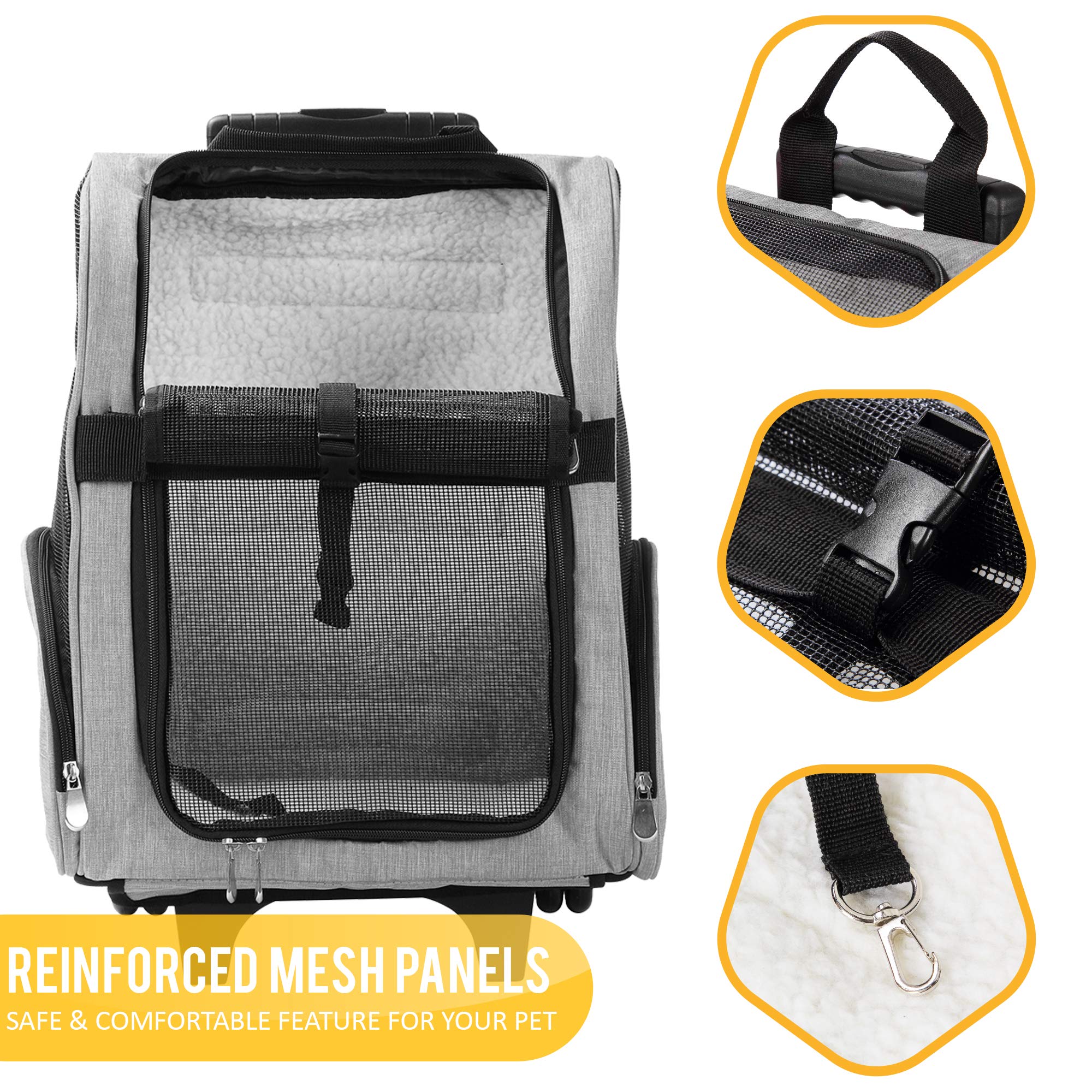 KOPEKS Deluxe Backpack Pet Travel Carrier - Double Wheels, Grey, 13"L x 12"W x 20"H, Model KPS-1103, Airline Approved