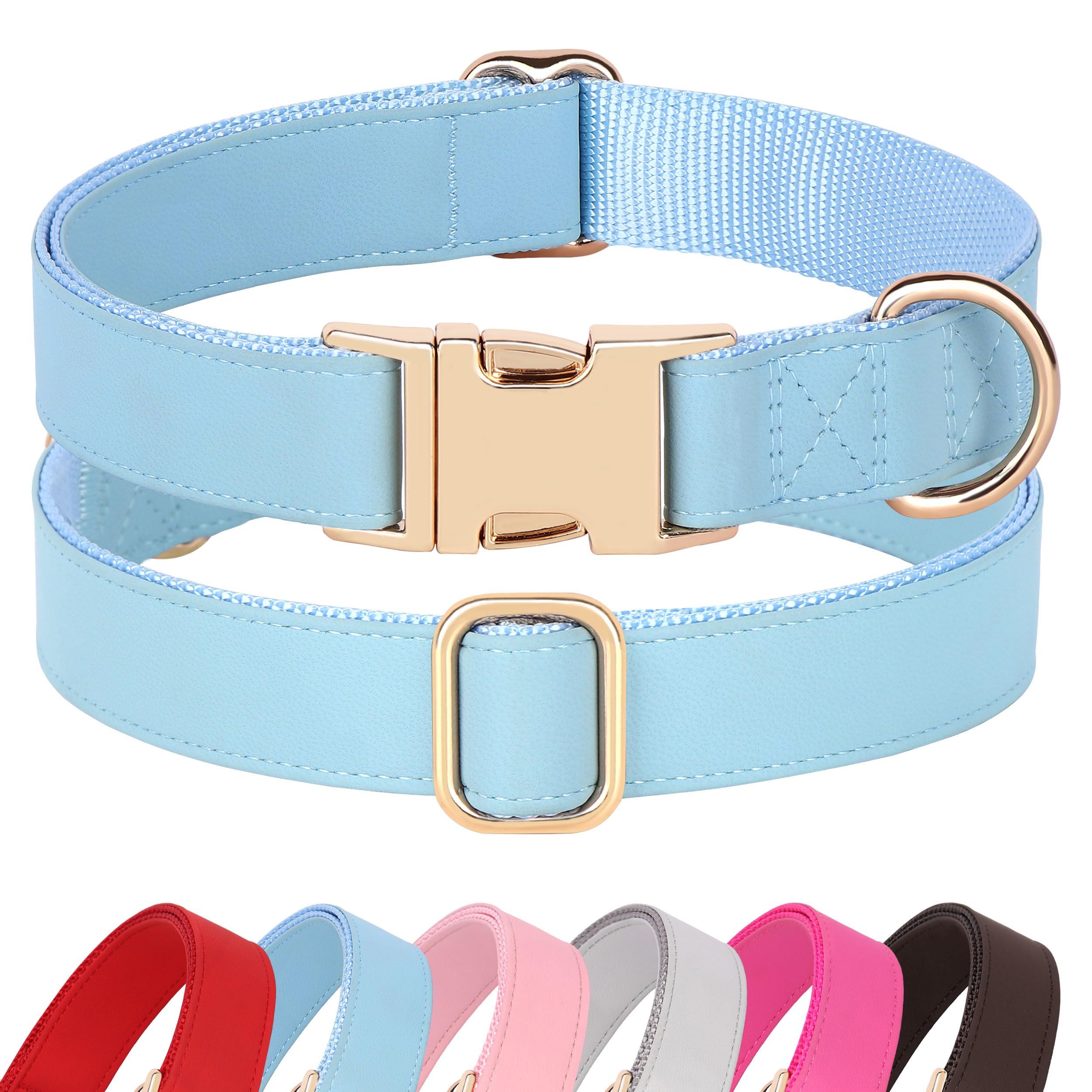 Pet Artist Charming Nylon Dog Collar With Leather Soft Comfy Elegant Nylon Collars For Dogs Small Medium Large 4 Bright Solid Color For Choosing Blue Red Brown Grey (Blue,Neck Fit 16-27'')