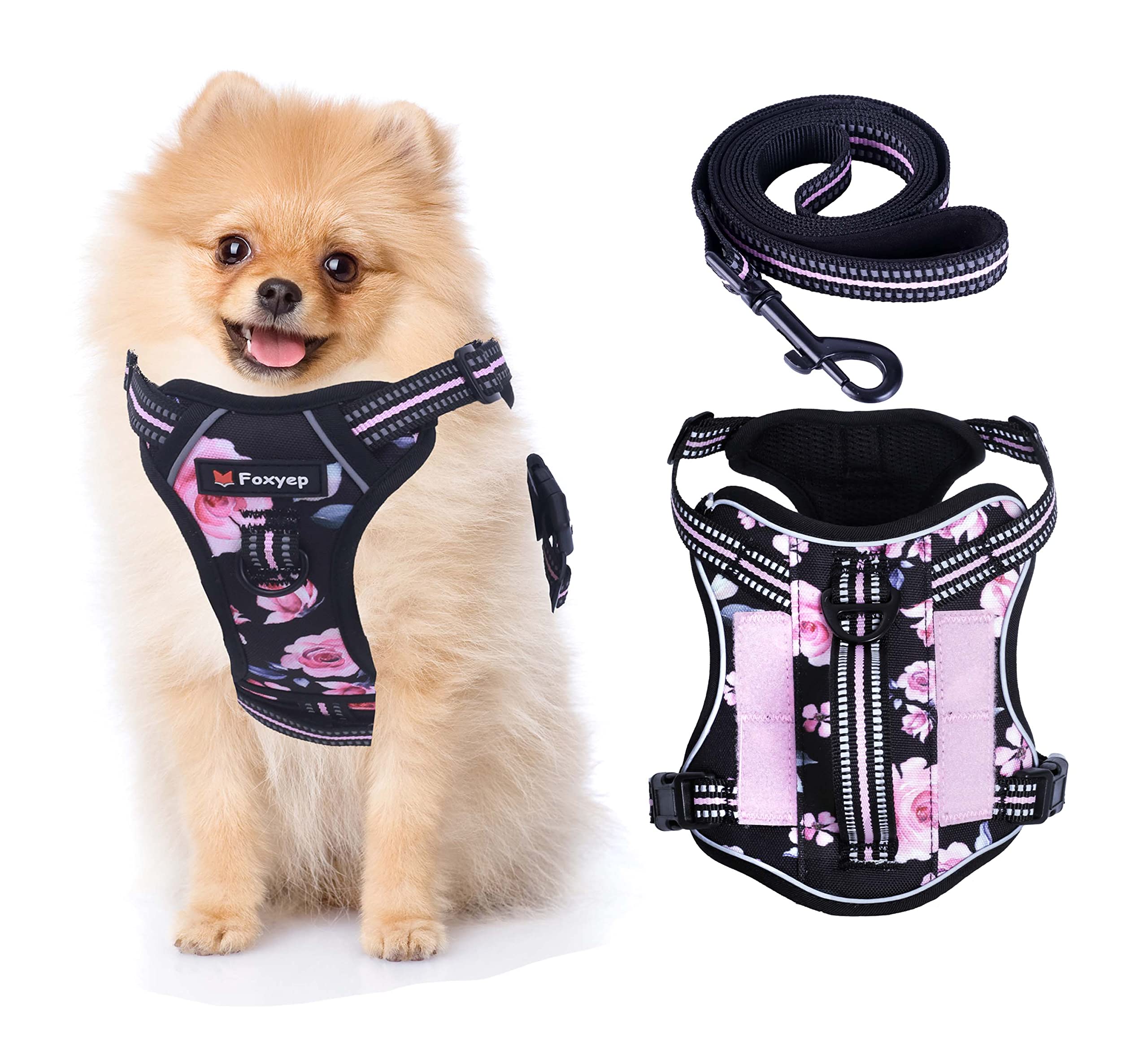 Foxyep Tactical Dog Harness - MOLLE Vest for Small Dogs, No Pull, Adjustable, Reflective Strap, XS, Pink Floral