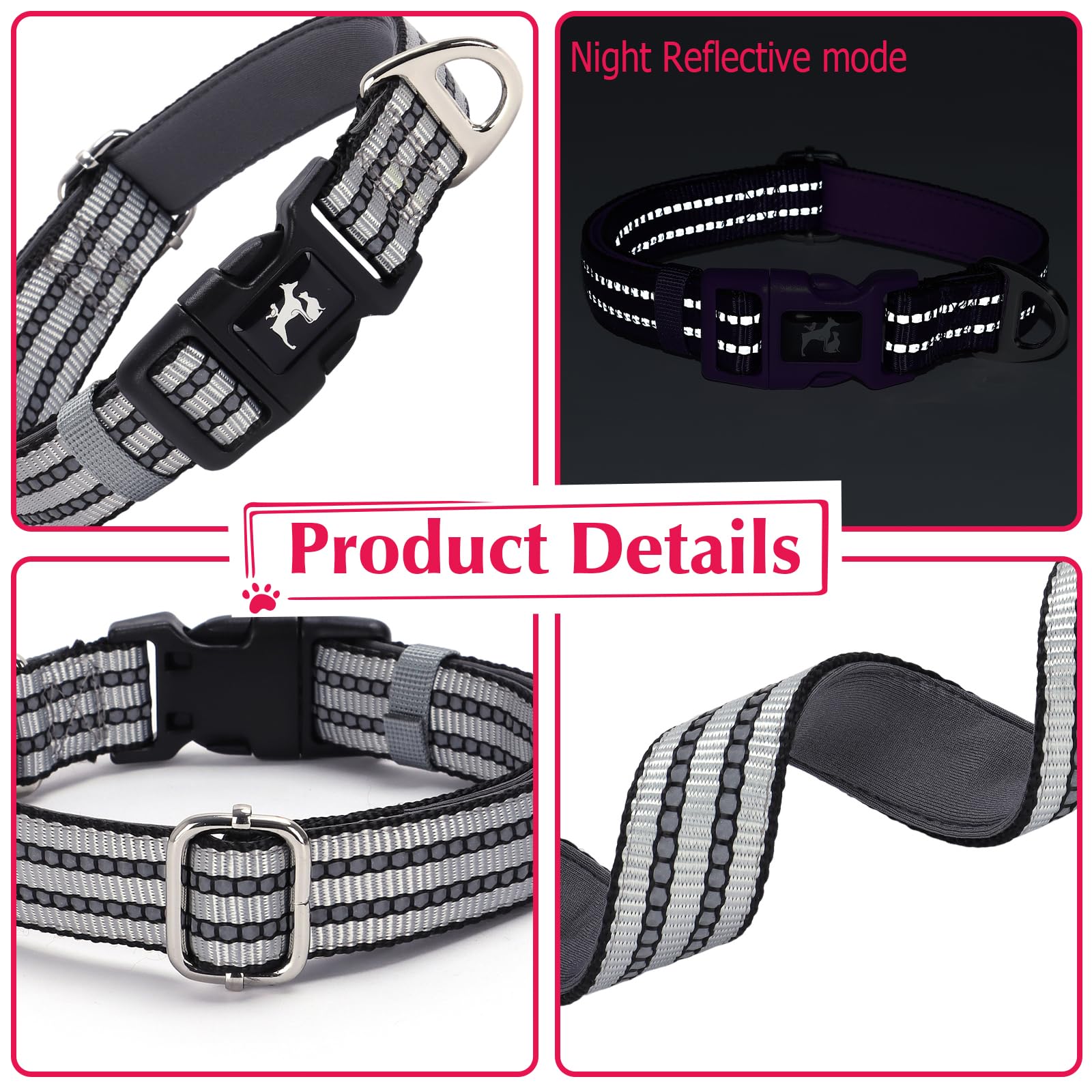 Onefojojo Reflective Dog Collar, Adjustable Soft Neoprene Breathable Quick Release Basic Dog Collars For Medium Large Extra Larg