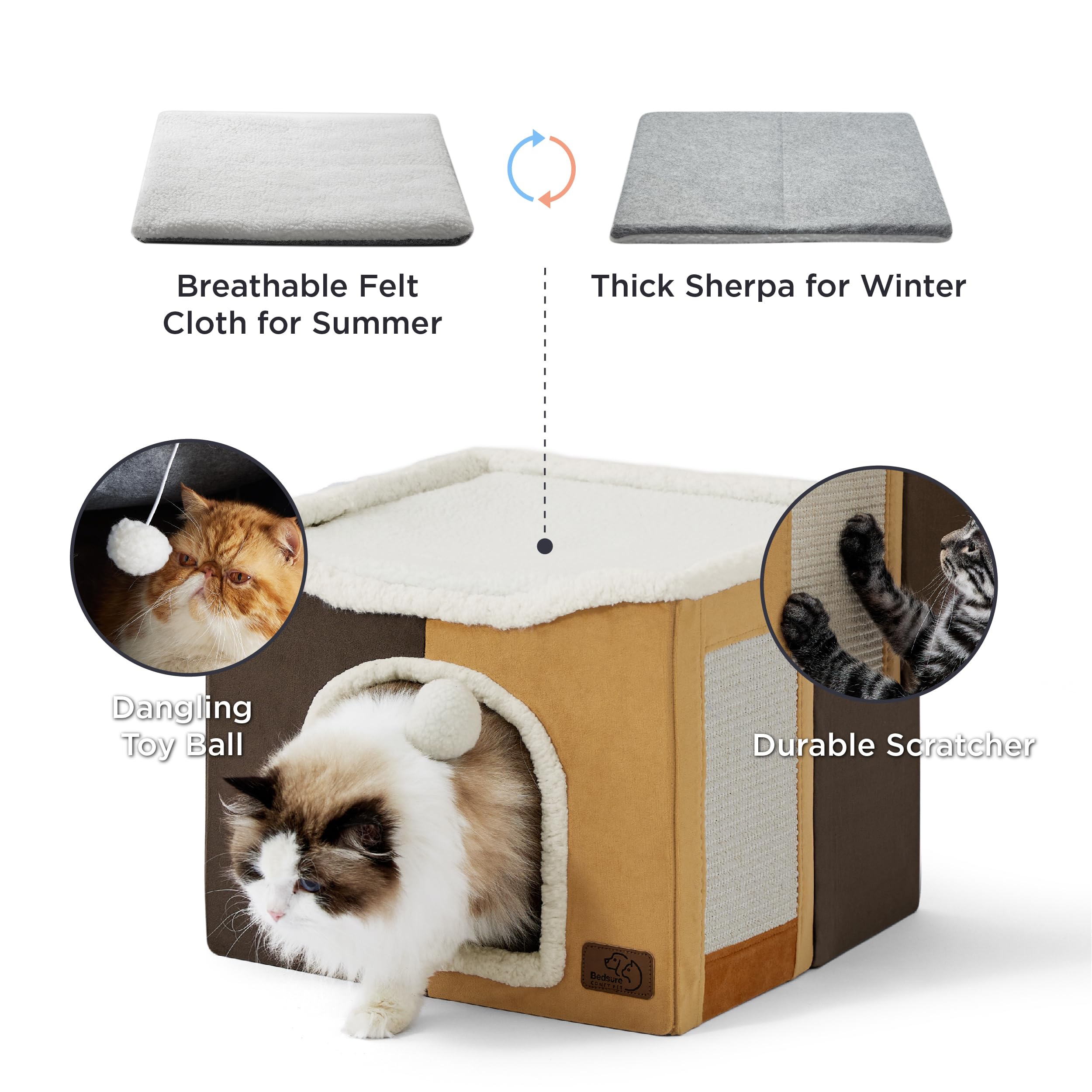 Bedsure Cat Beds For Indoor Cats - Large Cat Cave For Pet Cat House With Fluffy Ball Hanging And Scratch Pad, Foldable Cat Hideaway,16.5X16.5X13 Inches, Burnt Honeycomb