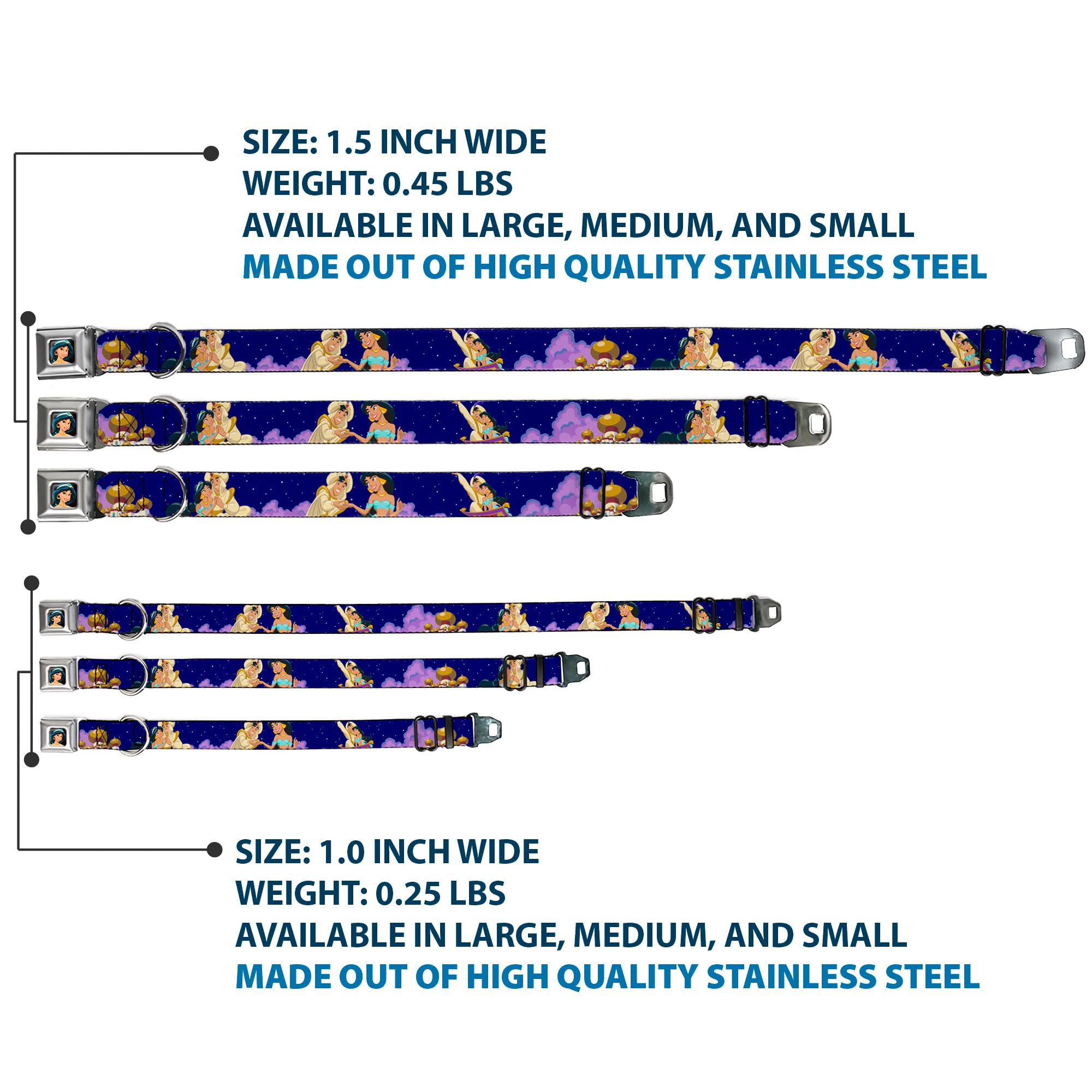 Buckle-Down Seatbelt Buckle Dog Collar - Aladdin & Jasmine Magic Carpet Ride Scenes - 1.5'' Wide - Fits 13-18'' Neck - Small