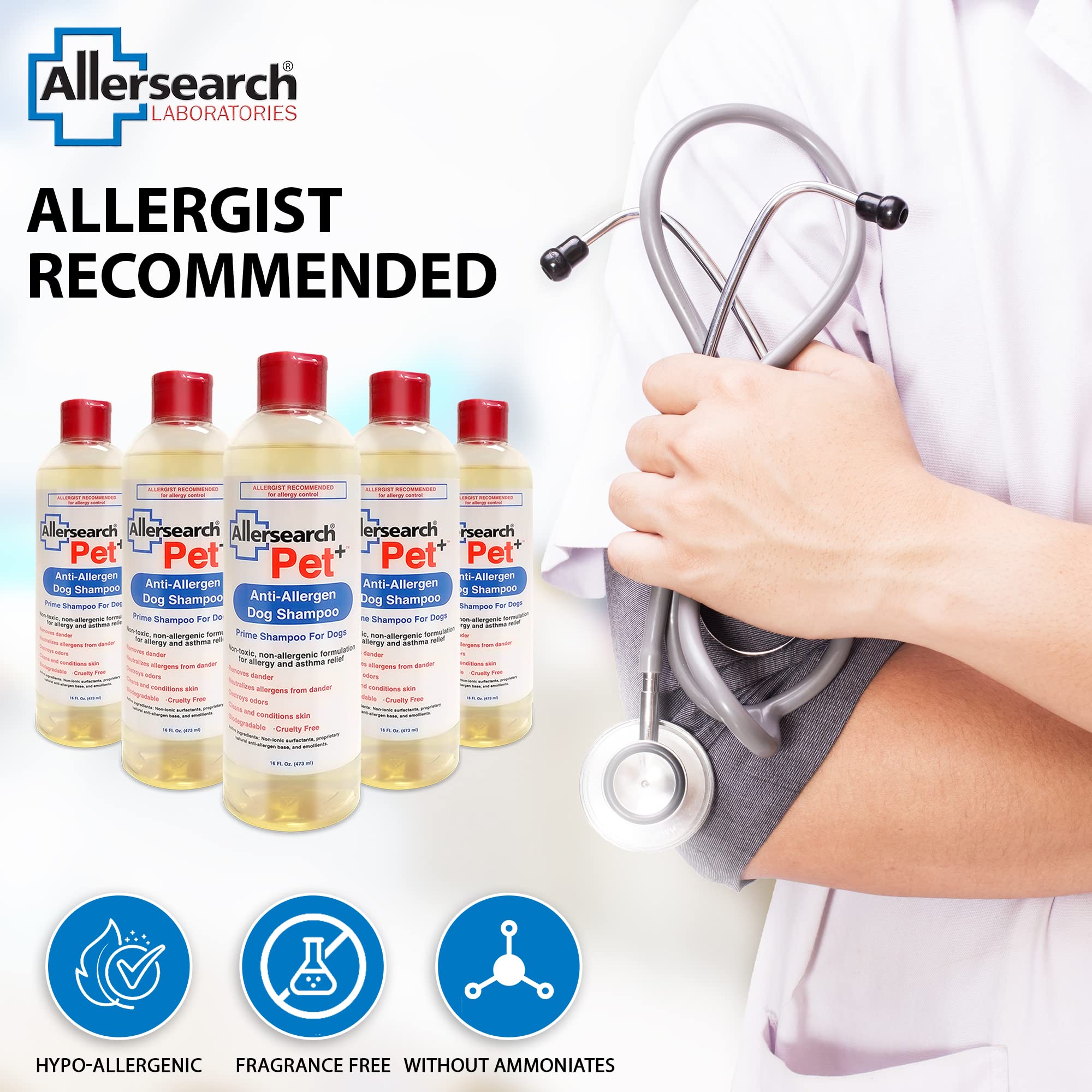 Allersearch Pet+ Anti-Allergen Dog Shampoo - 16 Oz, Gentle Formula for Allergies, Model AL206016