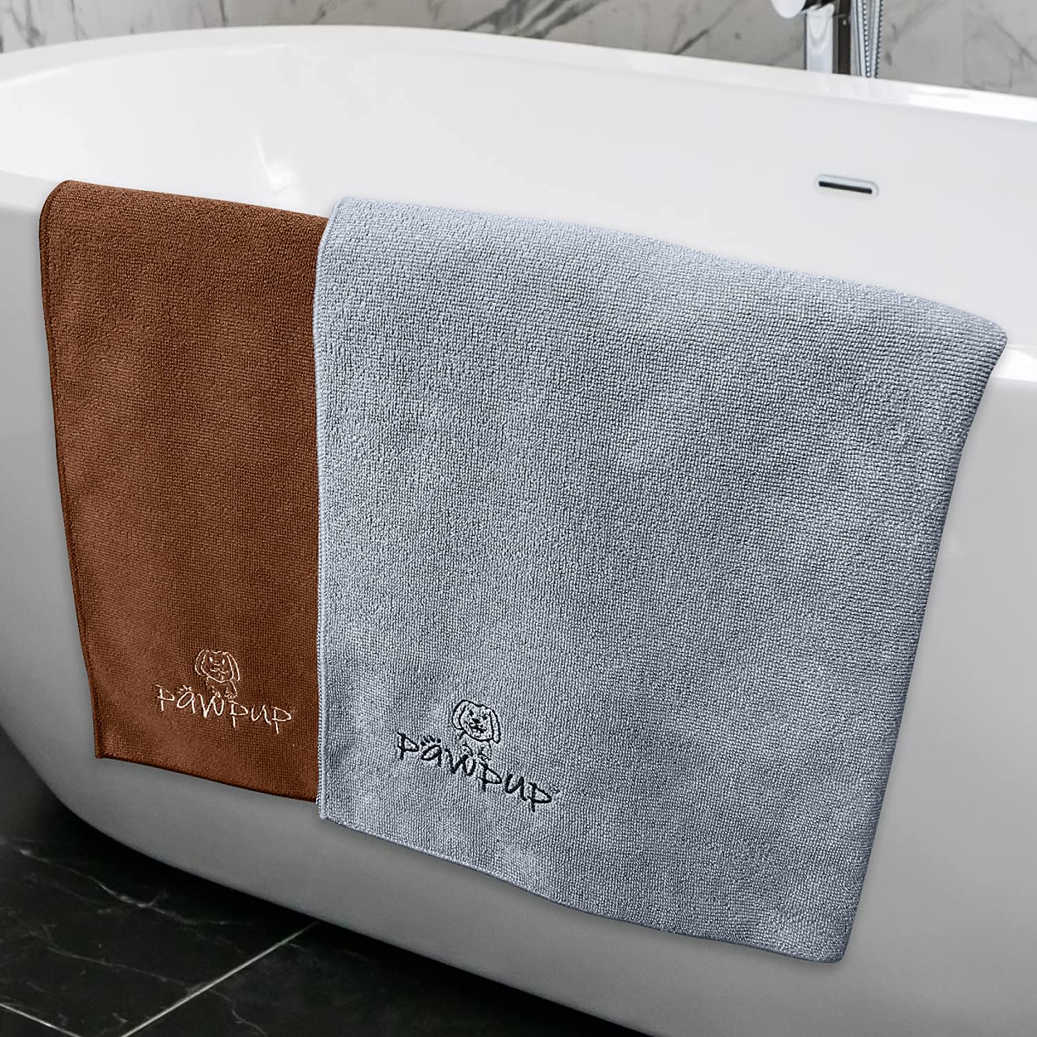 Pawpup Dog Towel Super Absorbent - Pack Of 2 - Quick Drying Super Soft Microfiber Pet Towel For Dogs, Cats And Other Pets (Brown And Grey)