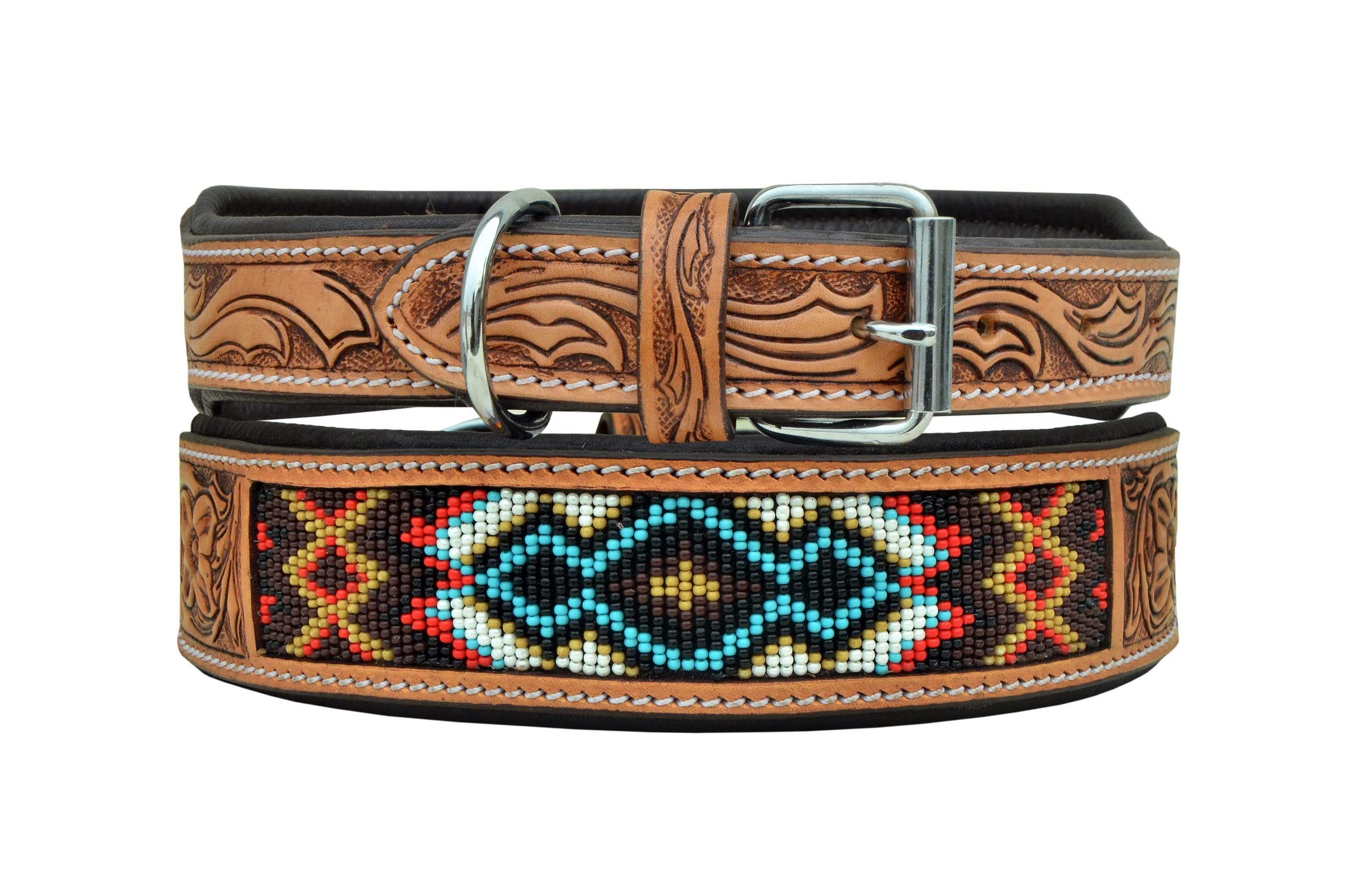 Leather Dog Collar Large Size Western Style Heavy Duty Hand Tooled Adjustable Beaded And Padded Soft For Puppies And Big Dogs 10