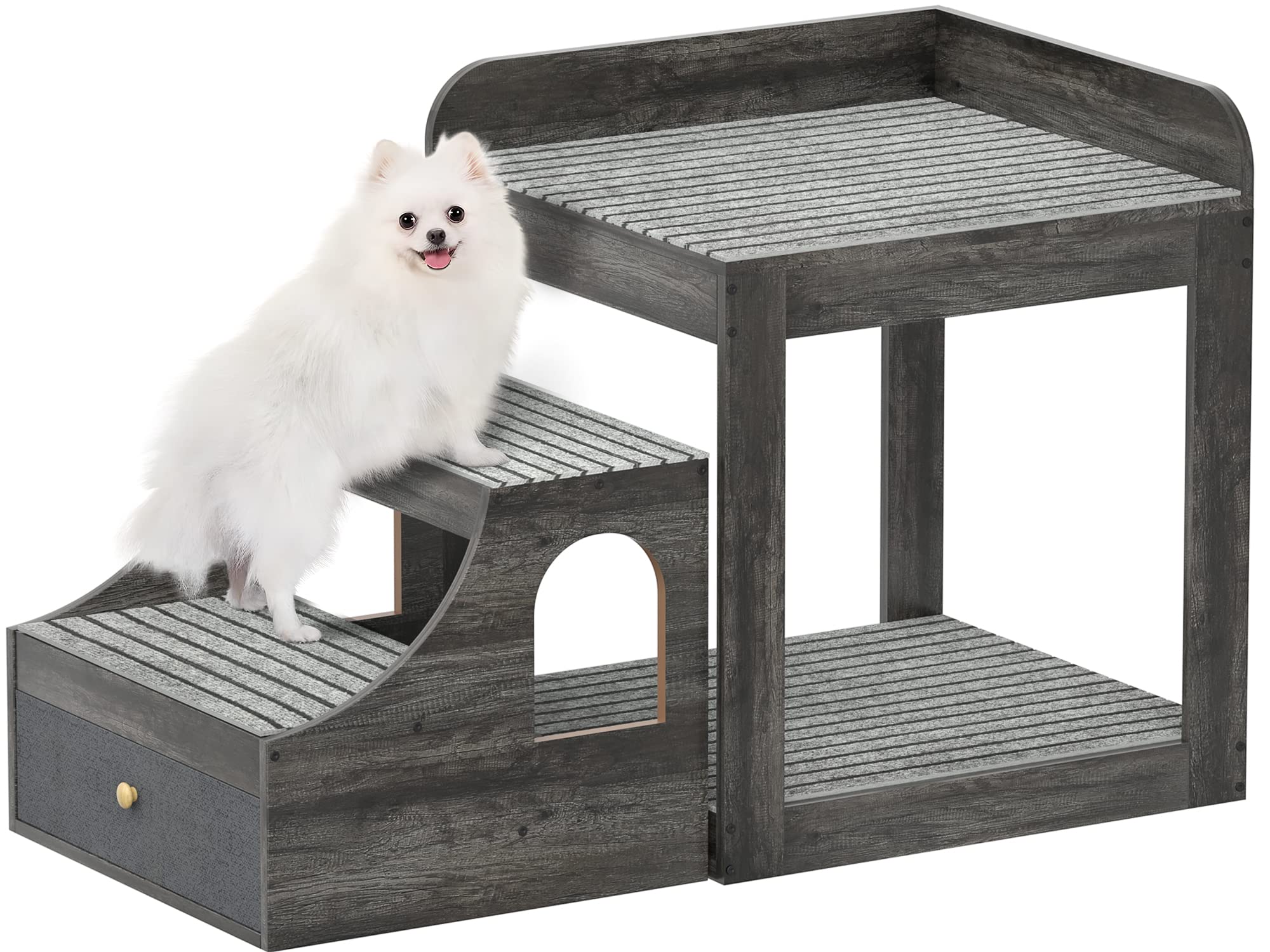 Cyclysio Super Large Multi-Level Pet Bunk Bed With Stairs, Mats, Drawers For Indoor Use, Grey