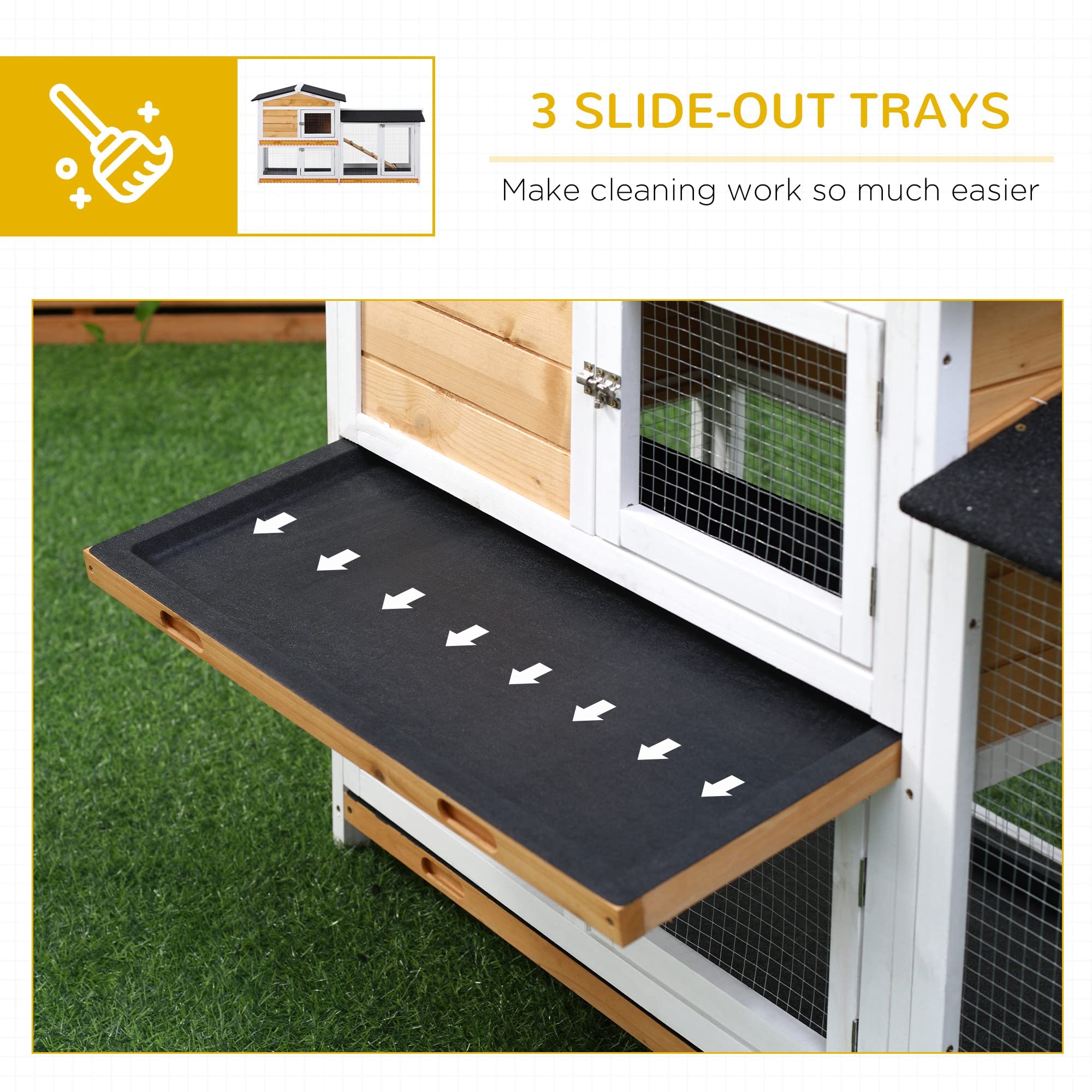 PawHut 62 Rabbit Hutch, Wooden Bunny Hutch, Guinea Pig Cage, Small Animal Enclosure with Run Area, Removable Tray, Asphalt Roof,