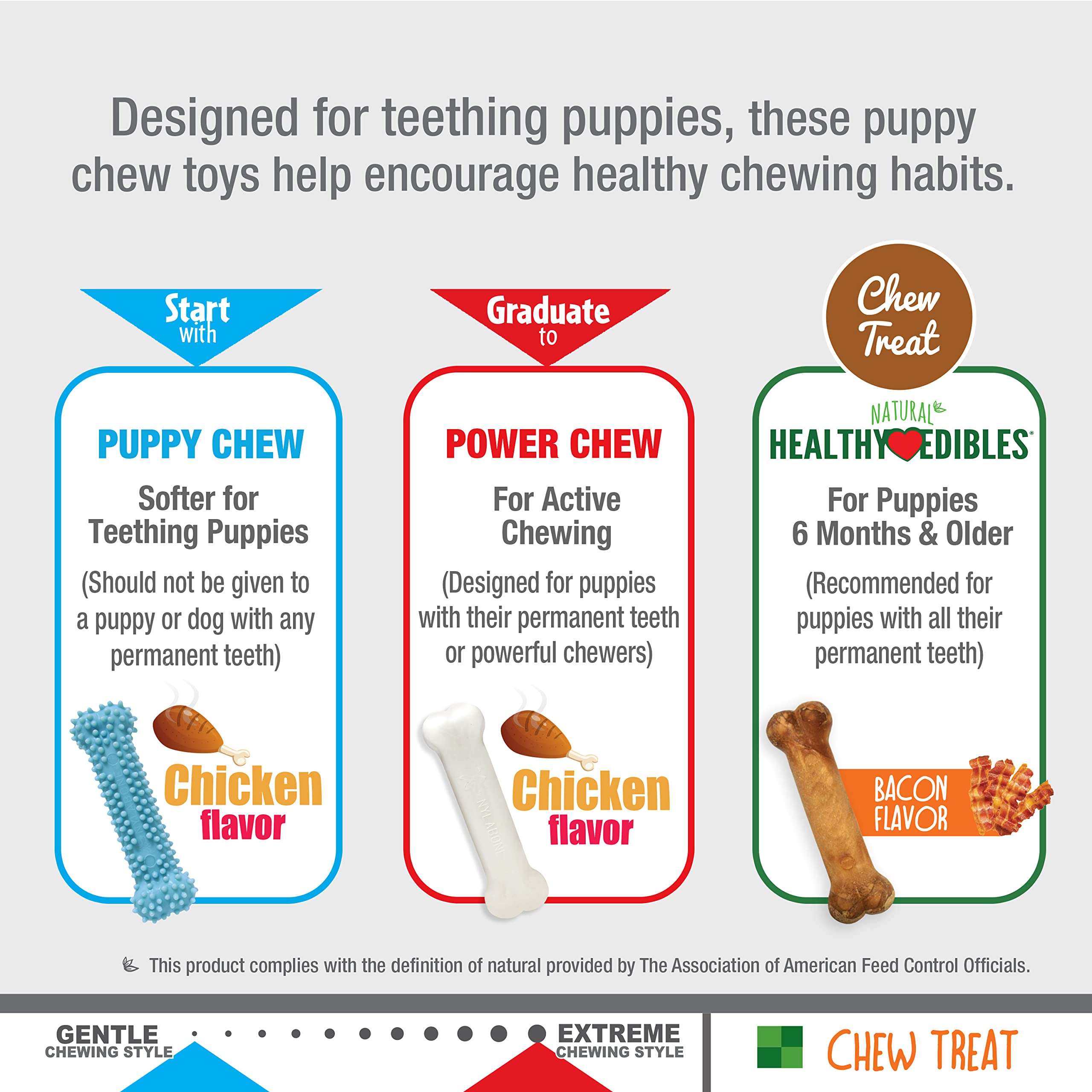 Nylabone Puppy Chew Toys & Natural Treat Triple Pack, Blue, Chicken & Bacon Flavor, Small - Up To 25 Ibs, 3 Pack