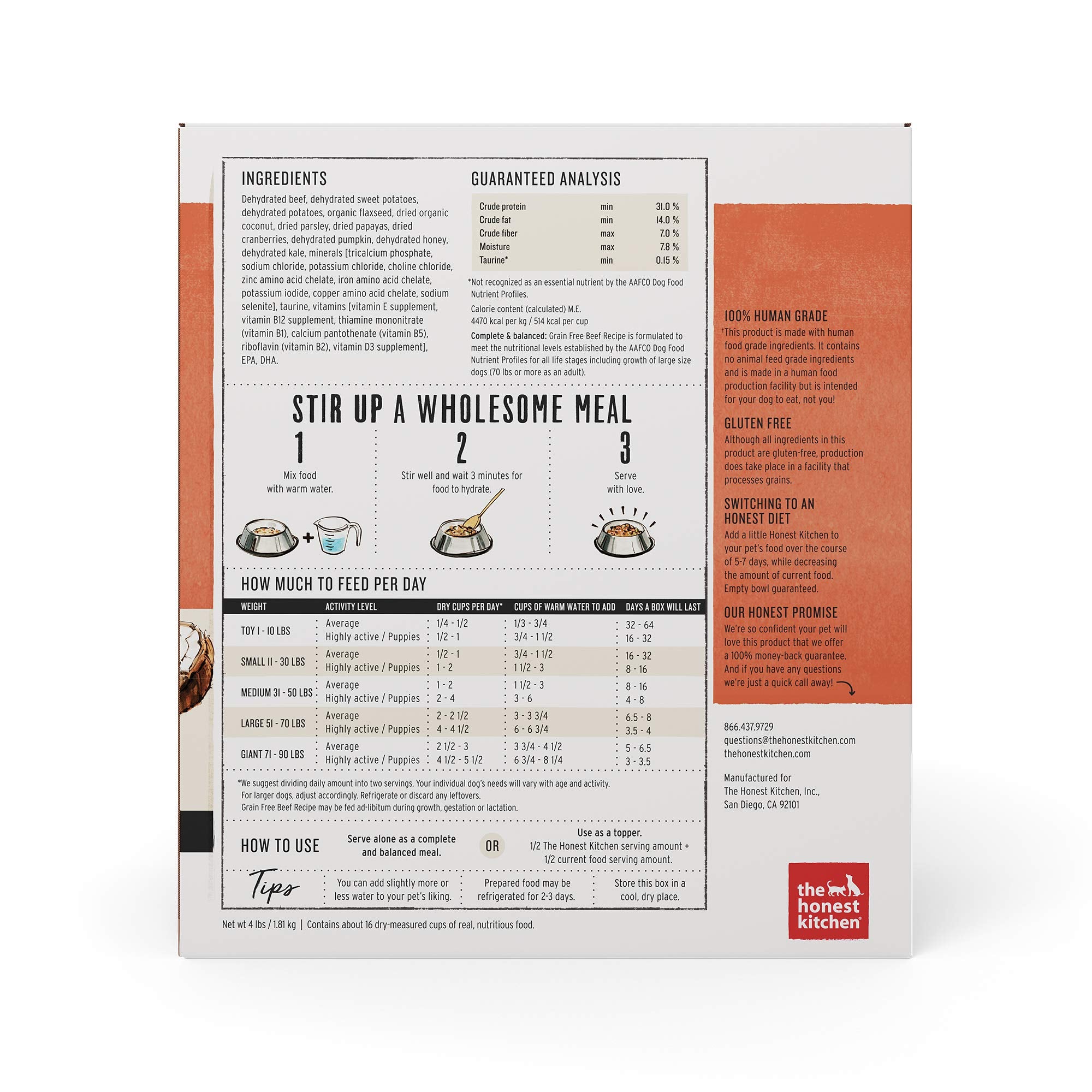 The Honest Kitchen Human Grade Dehydrated Grain Free Dog Food - Complete Meal or Dog Food Topper - Beef 4 lb (makes 16 lbs)