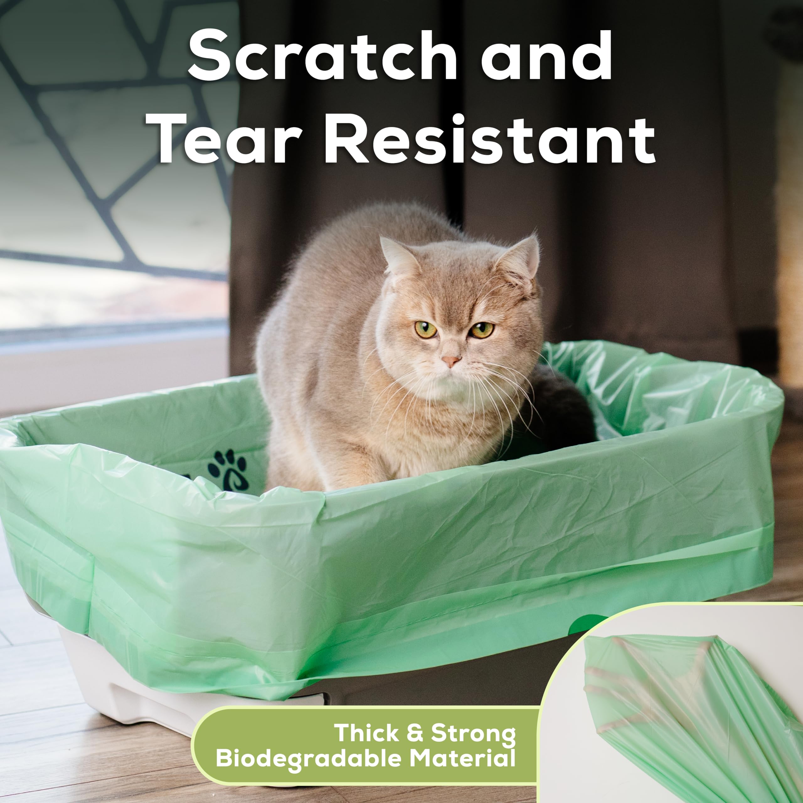 Cat Litter Box Liners 100% Compostable - Drawstring Close - 20 Count - Jumbo Size 36'' X 19'' - Tear & Leak Resistant - Ok Compo