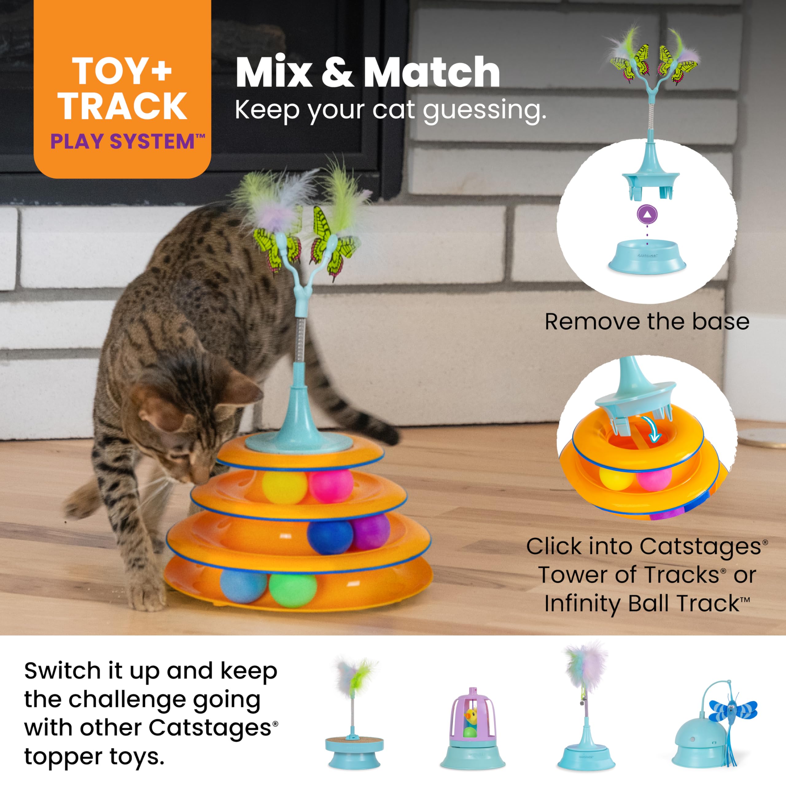 Catstages 2-in-1 Flutter Interactive Cat Toy and Topper for Cat Ball Track, Bat & Swat Bouncy Spring Toy with Feathers + Butterf