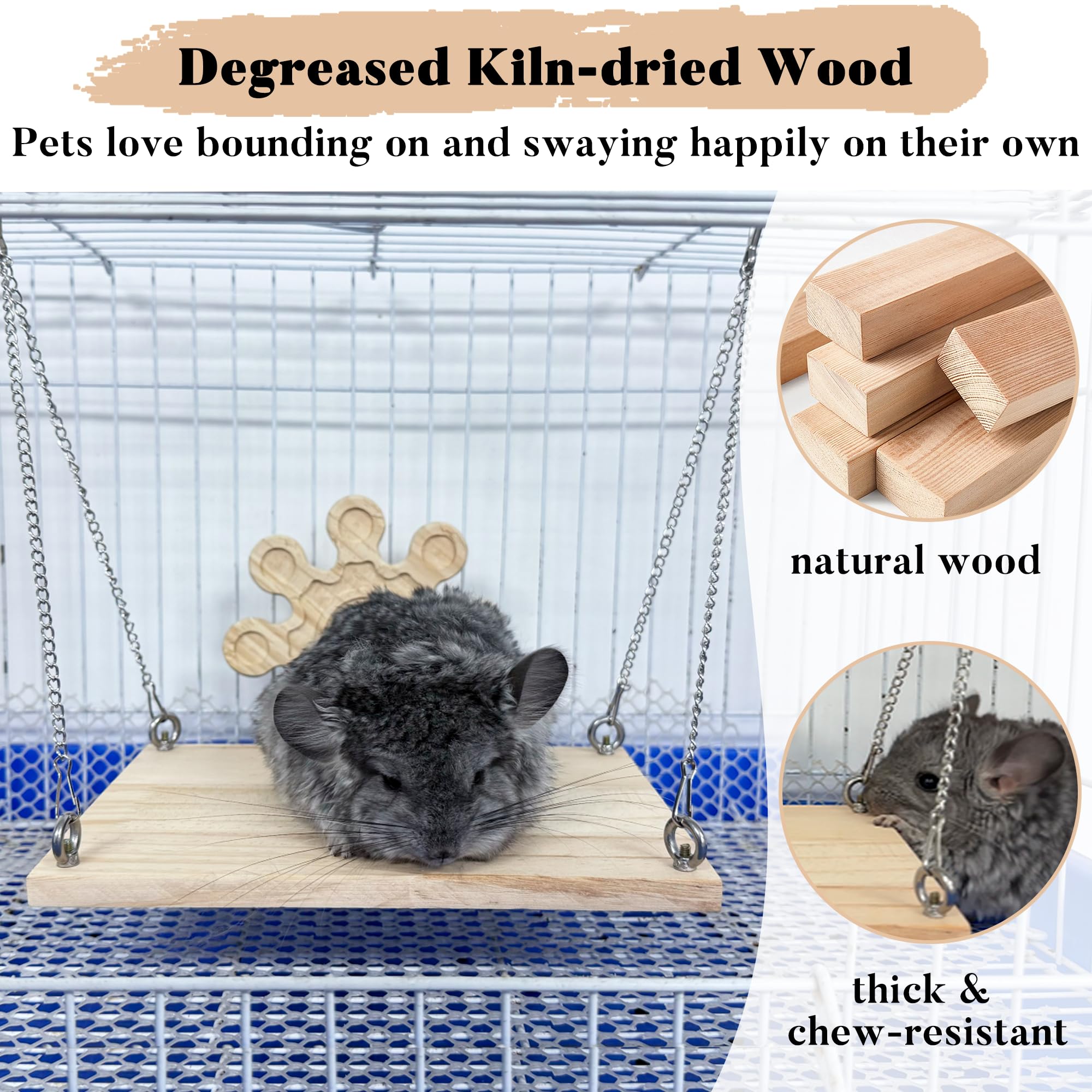 Jevnd Chinchilla Swing Toys Hanging Cage Accessories, Enriched Life Kiln Dried Pine Chinchilla Ledges and Safe Jumping Platforms