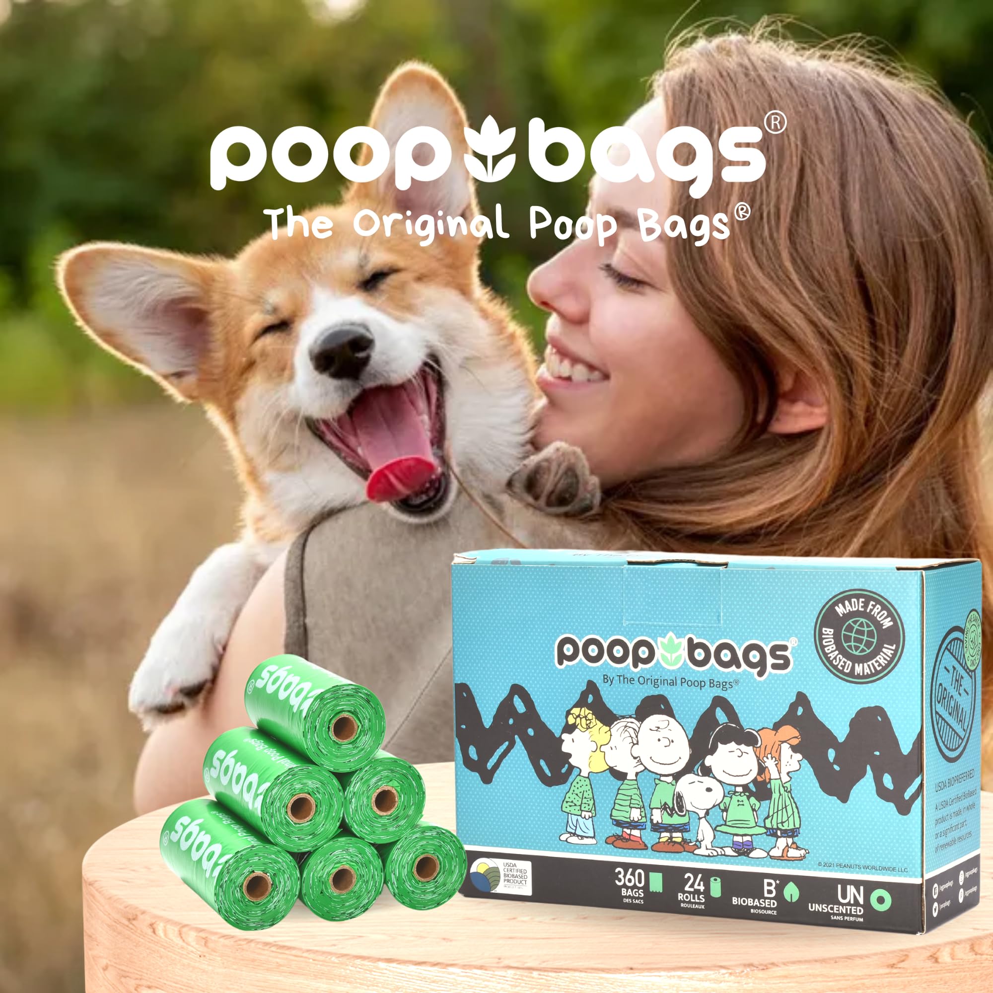 The Original Poop Bags USDA Biobased Pet Waste Bags - Peanuts Characters - Durable, Leak Resistant, 360 Count, BLK/GREEN