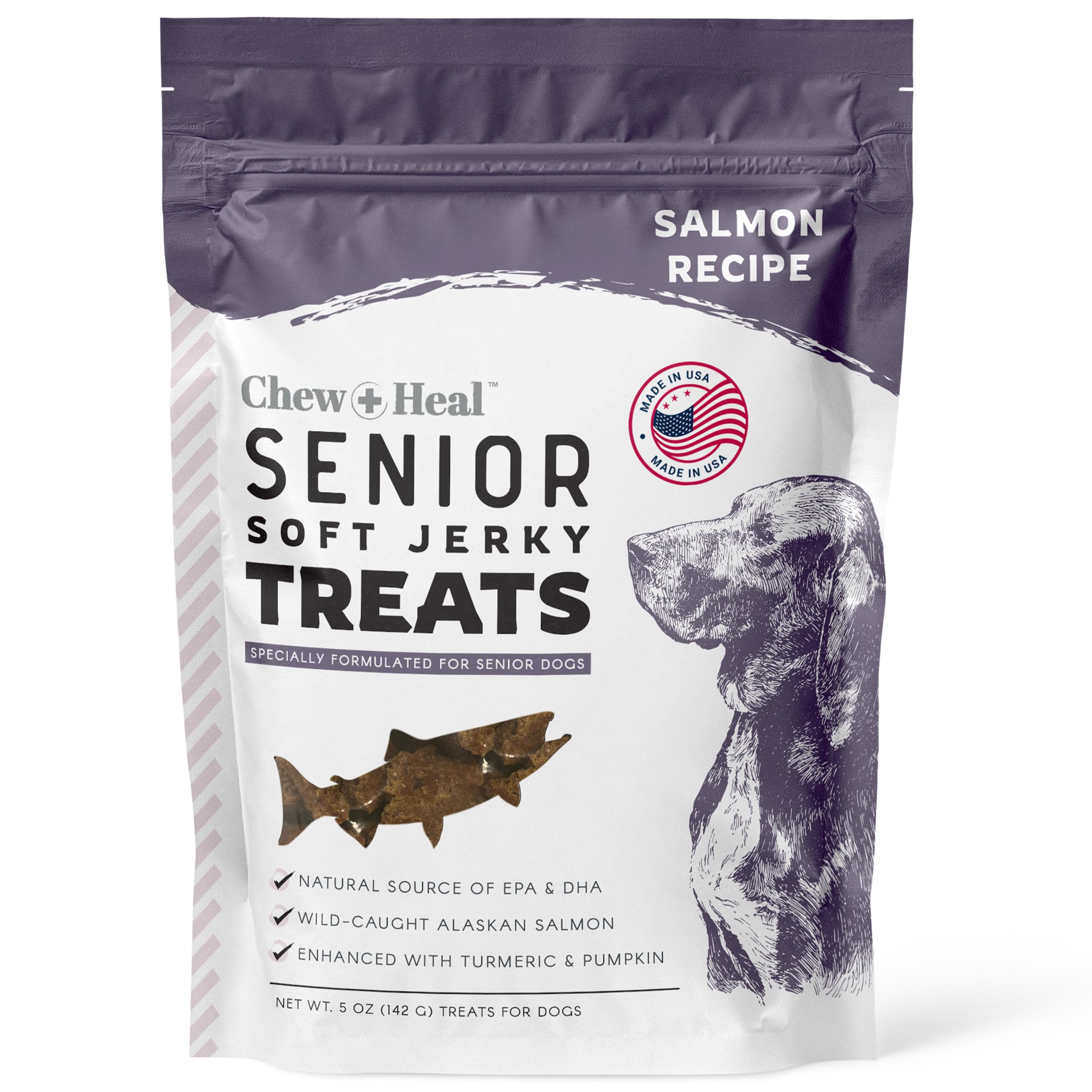 Seniors Soft Jerky Salmon Dog Treats - 5 oz of Omega Dog Joint Supplement, Wild Caught Salmon and Turmeric Jerky - Made in The U