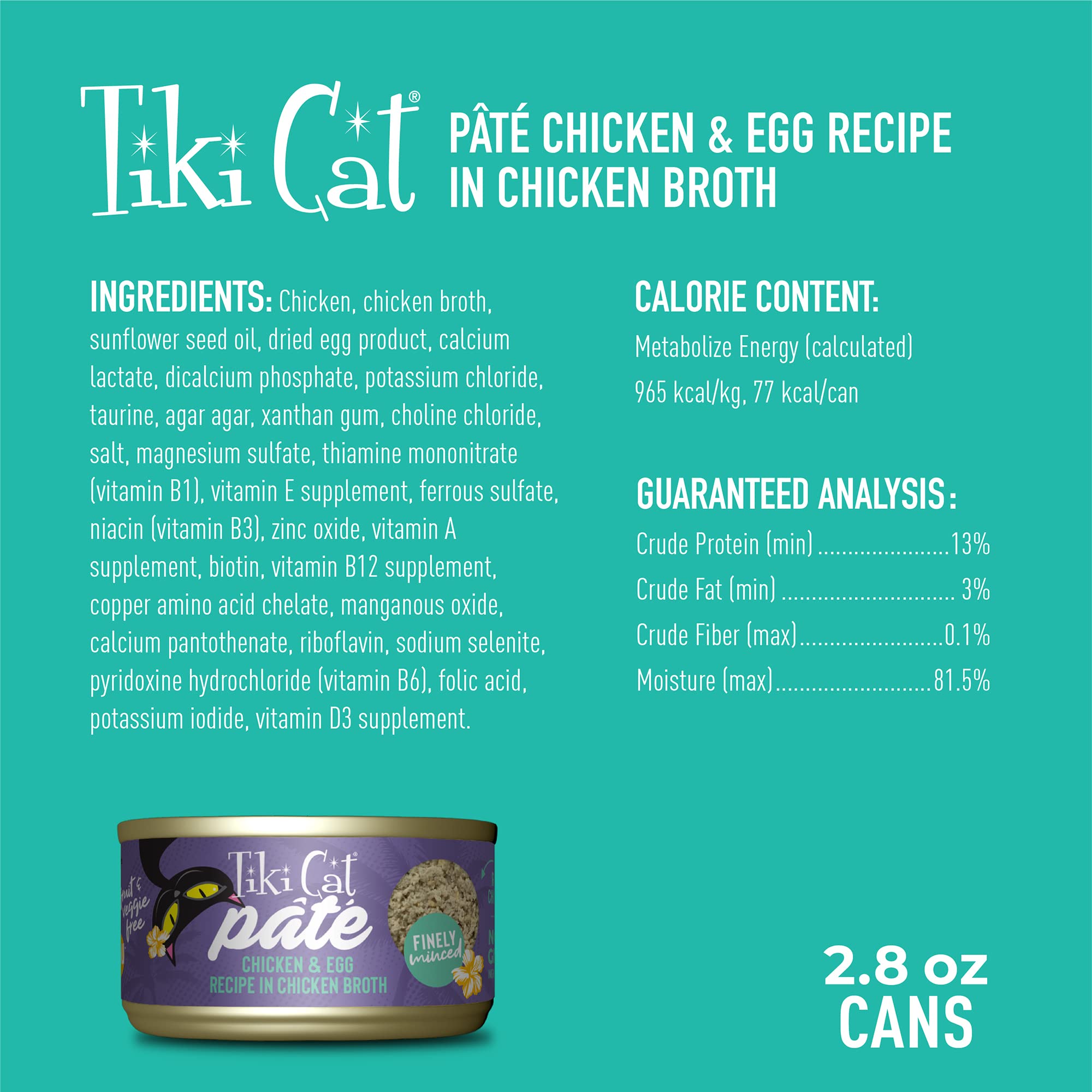Tiki Cat Luau Pate, Chicken and Egg Recipe in Chicken Broth, Grain-Free Balanced Nutrition Wet Canned Cat Food, for All Life Sta