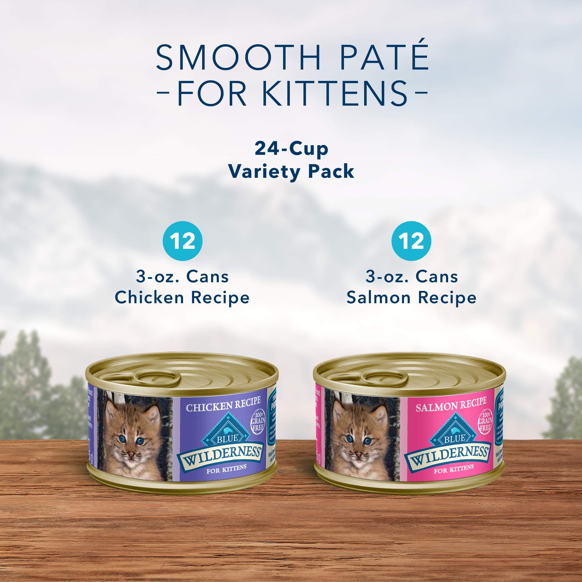 Blue Buffalo Wilderness High Protein Grain Free, Natural Kitten Pate Wet Cat Food Variety Pack, Chicken, Salmon, 3-oz Can, 24 Co