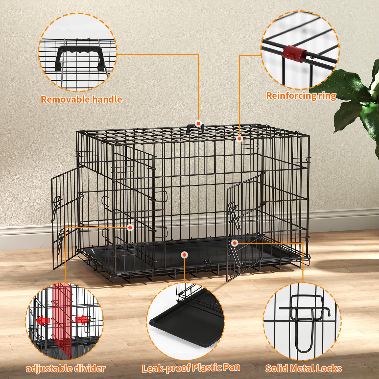 FDW Dog Crate 30-Inch Dog Cage Single Door Foldable Metal Kennel with Leakproof Tray Foldable Design Indoor Outdoor Use for Smal