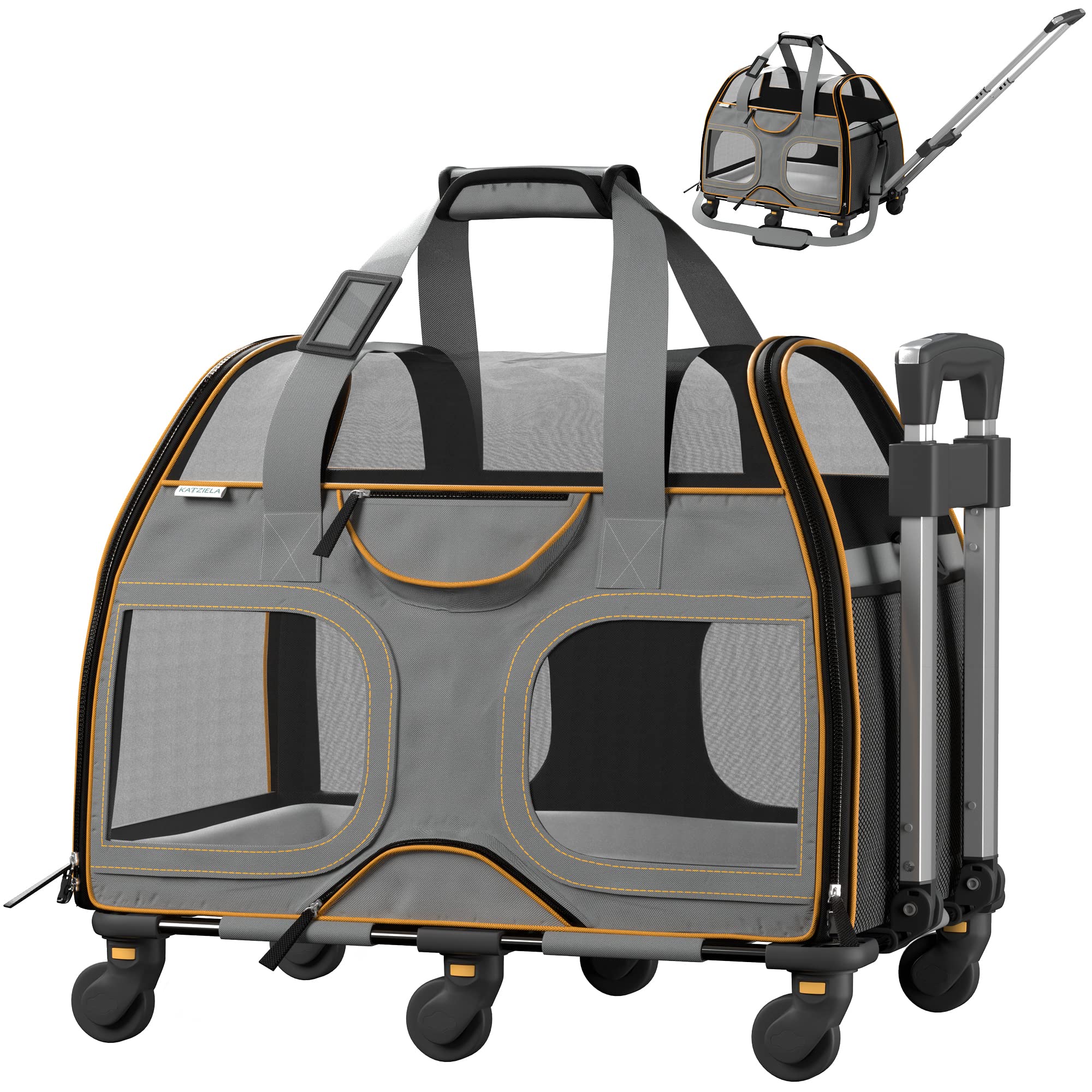 Katziela Rolling Pet Carrier  Airline Compliant with Removable Wheels  TSA Approved for Small Dogs and Cats  Soft FAA Travel 