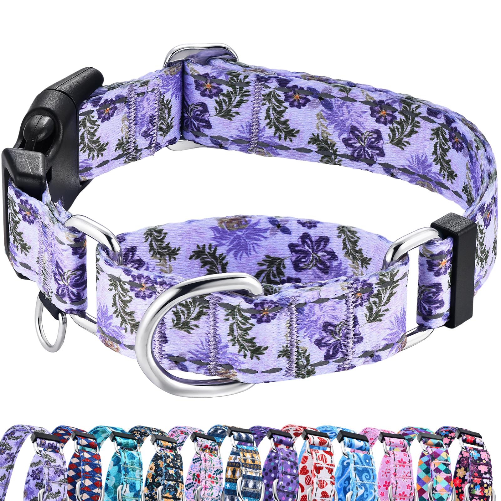 Fidohug Reflective Martingale Collar For Dogs With Quick Release Buckle Cute Girl Female Flower Dog Collars (Lavender Floral, Me