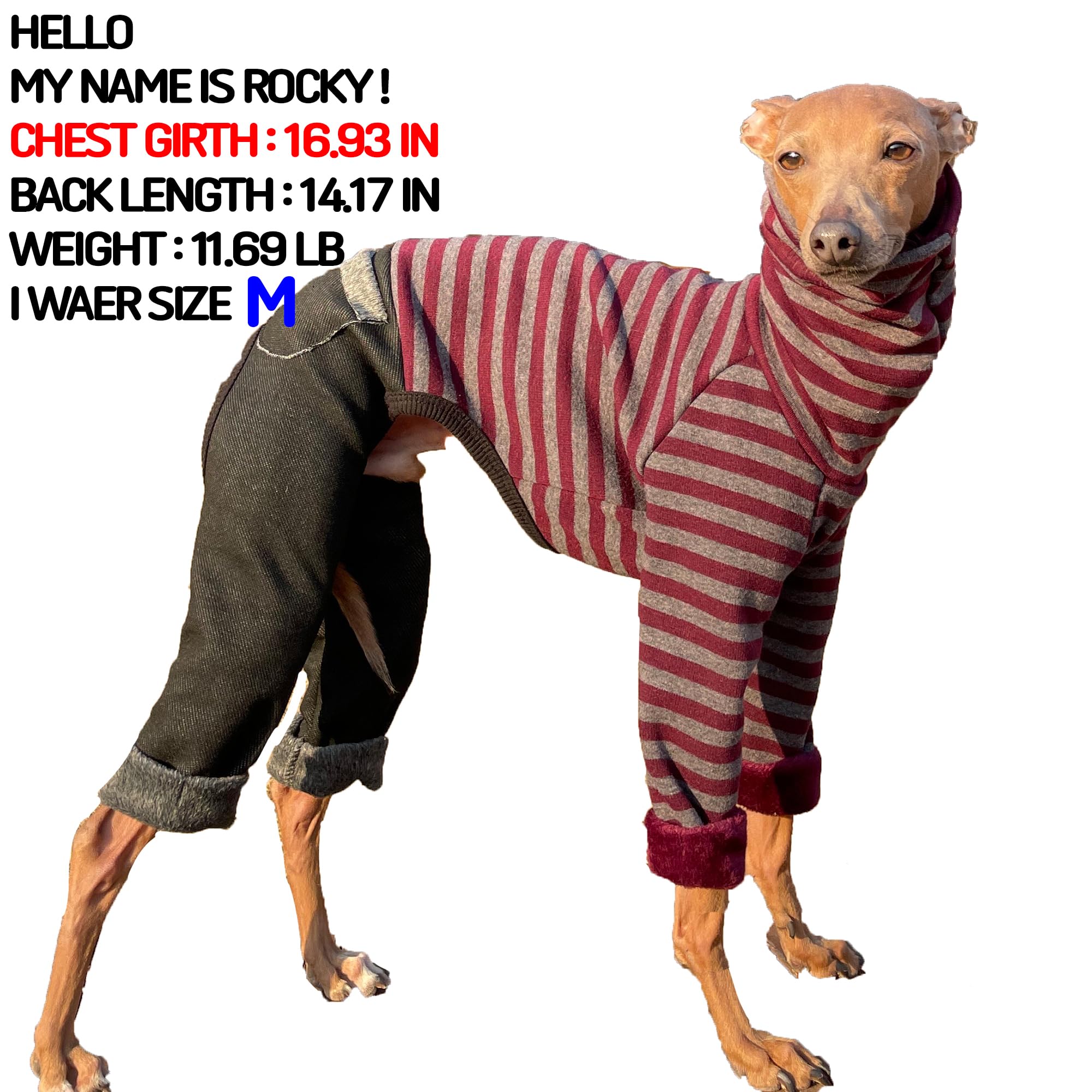 D Doggy Star Italian Greyhound Clothes Stripe Fleece Stretchable Denim Onesie Whippet For Dog Turtleneck Outfits Coat (3Xl,Denim