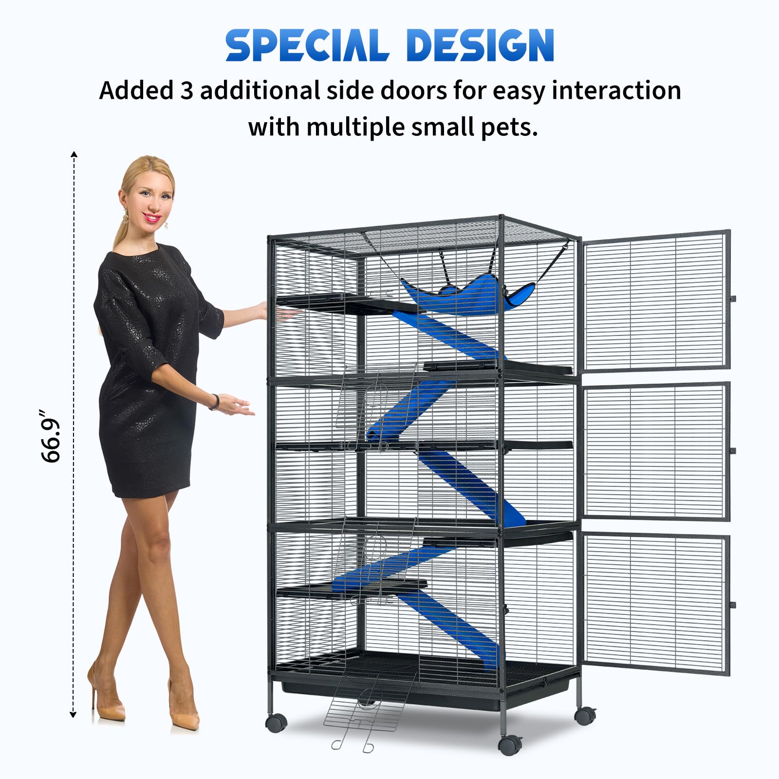 VIWAT Metal 6-Tier Small Animal Cage for Ferrets, Chinchillas & Guinea Pigs - Black, Model PP1110, Easy Clean with Removable Tray and 6 Doors