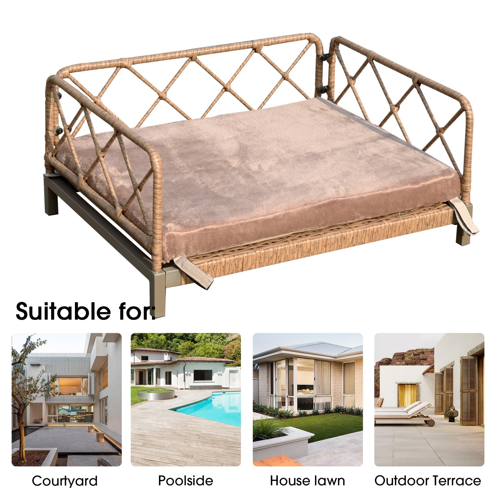 Otair Outdoor Wicker Dog Bed - Rattan Sofa with Soft Cushion, Small, Brown Wicker/White Cushion, Model Otair-Dogbed