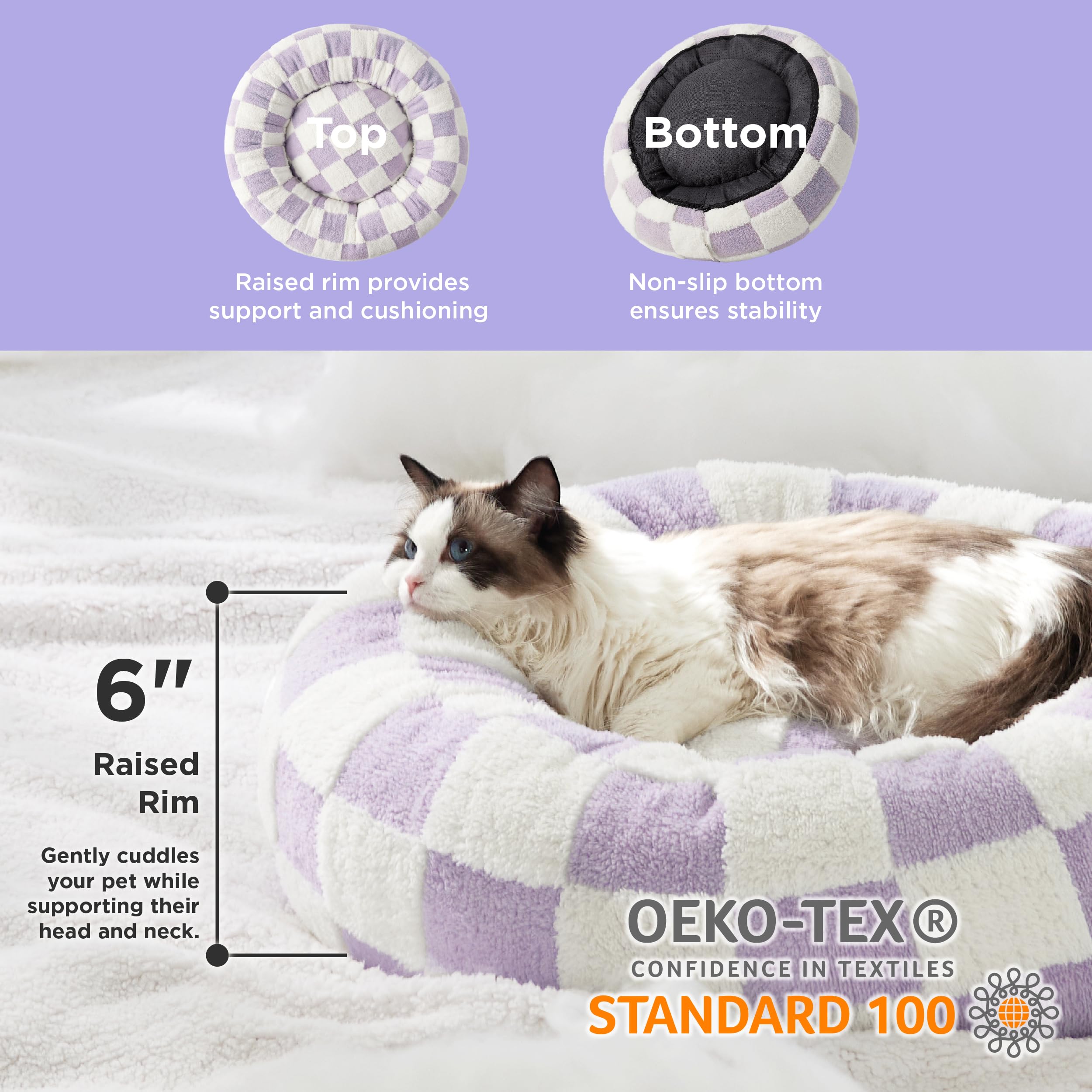 LE SURE Cat Bed - Round Donut Dog Bed, 20" Purple, Calming Plush, Anti-Slip, Lavender Checks, Model US-IMCDonutBed