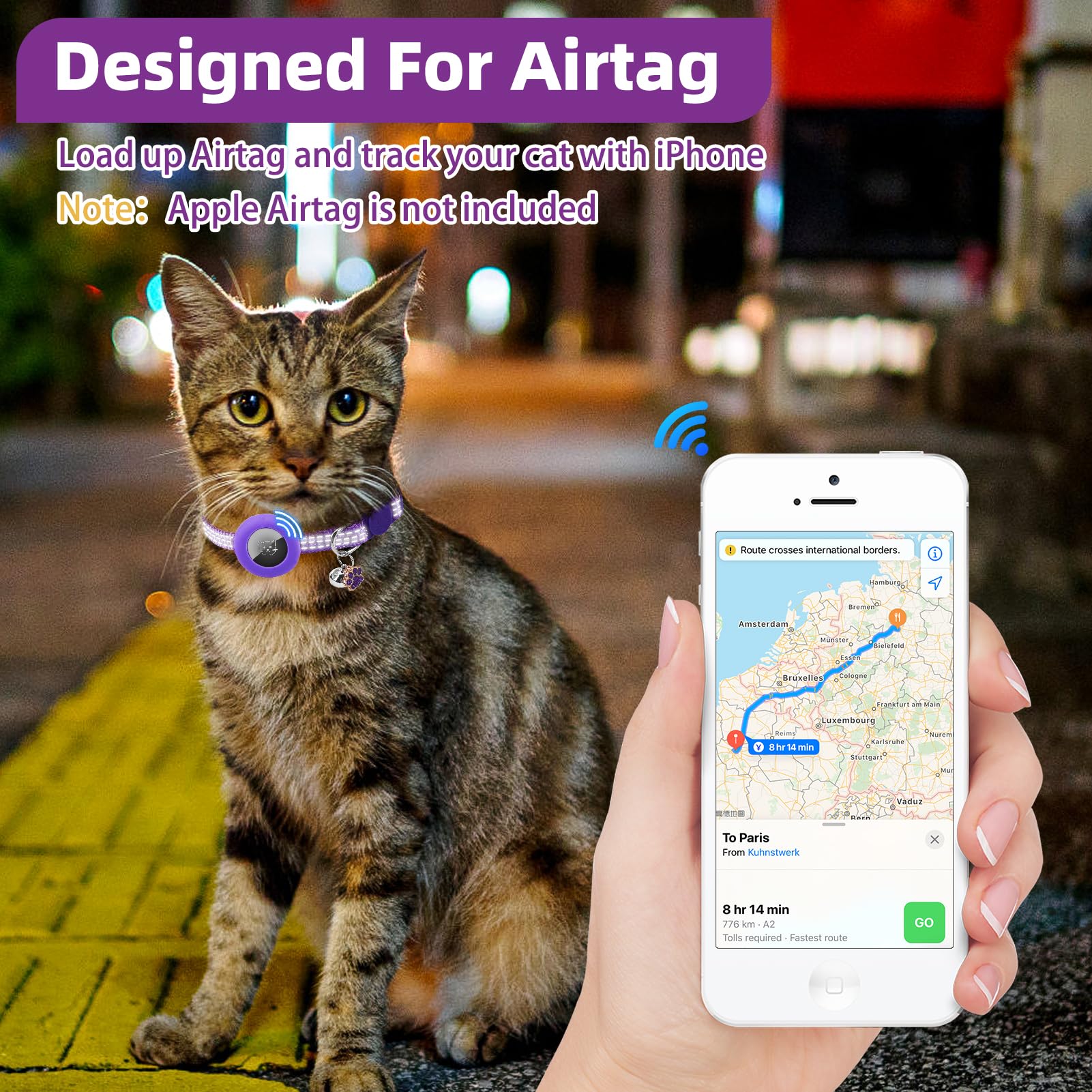 Pupteck Airtag Cat Collar Breakaway 2 Pack With Bells, Reflective Kitten Collar With Air Tag Holder For Boy Girl Kitty And Puppies, Soft, Purple