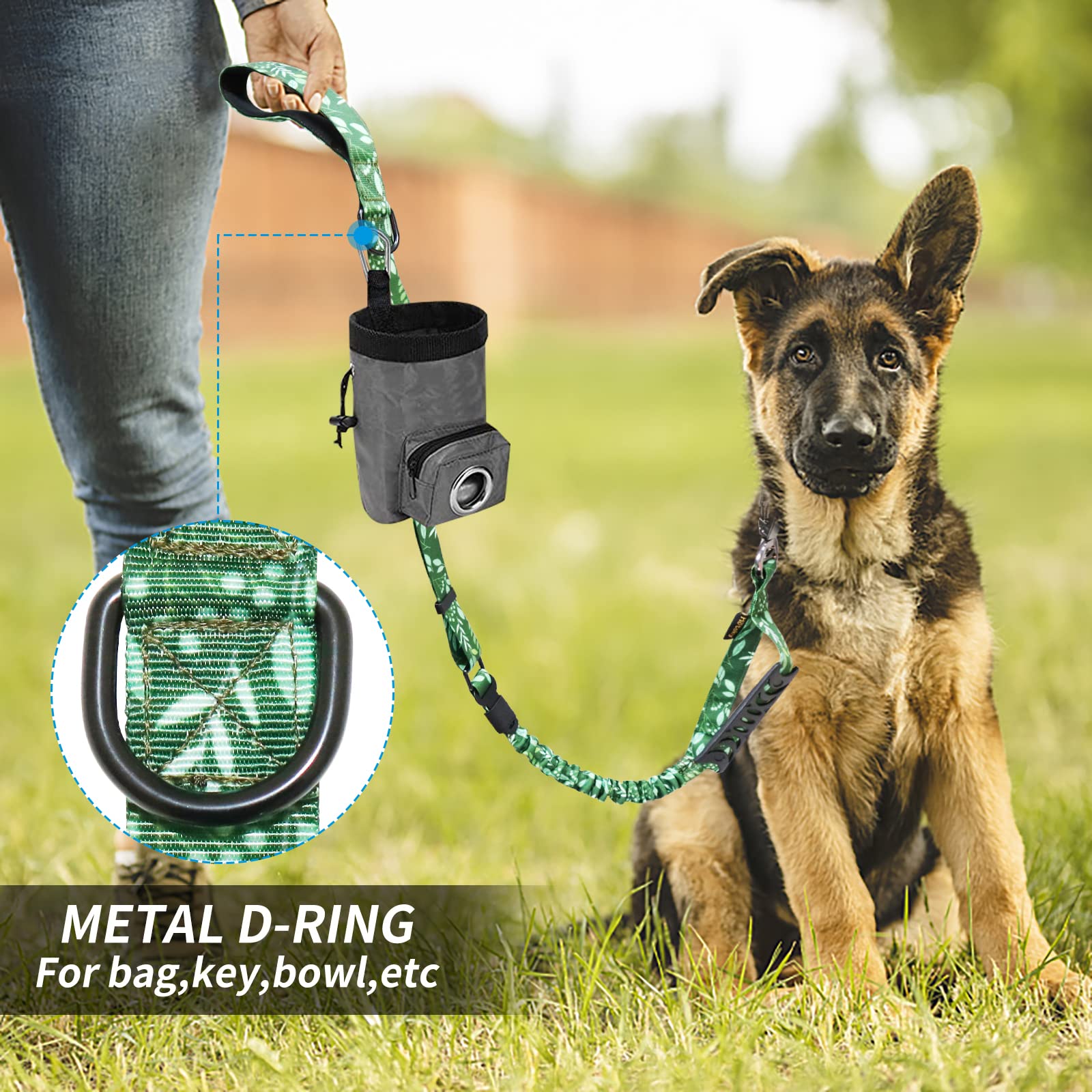 Hotsky Heavy Duty Bungee Dog Leash with Double Handle, 4Ft-6Ft, Shock Absorbing, Rubber, Green for Medium Large Dogs