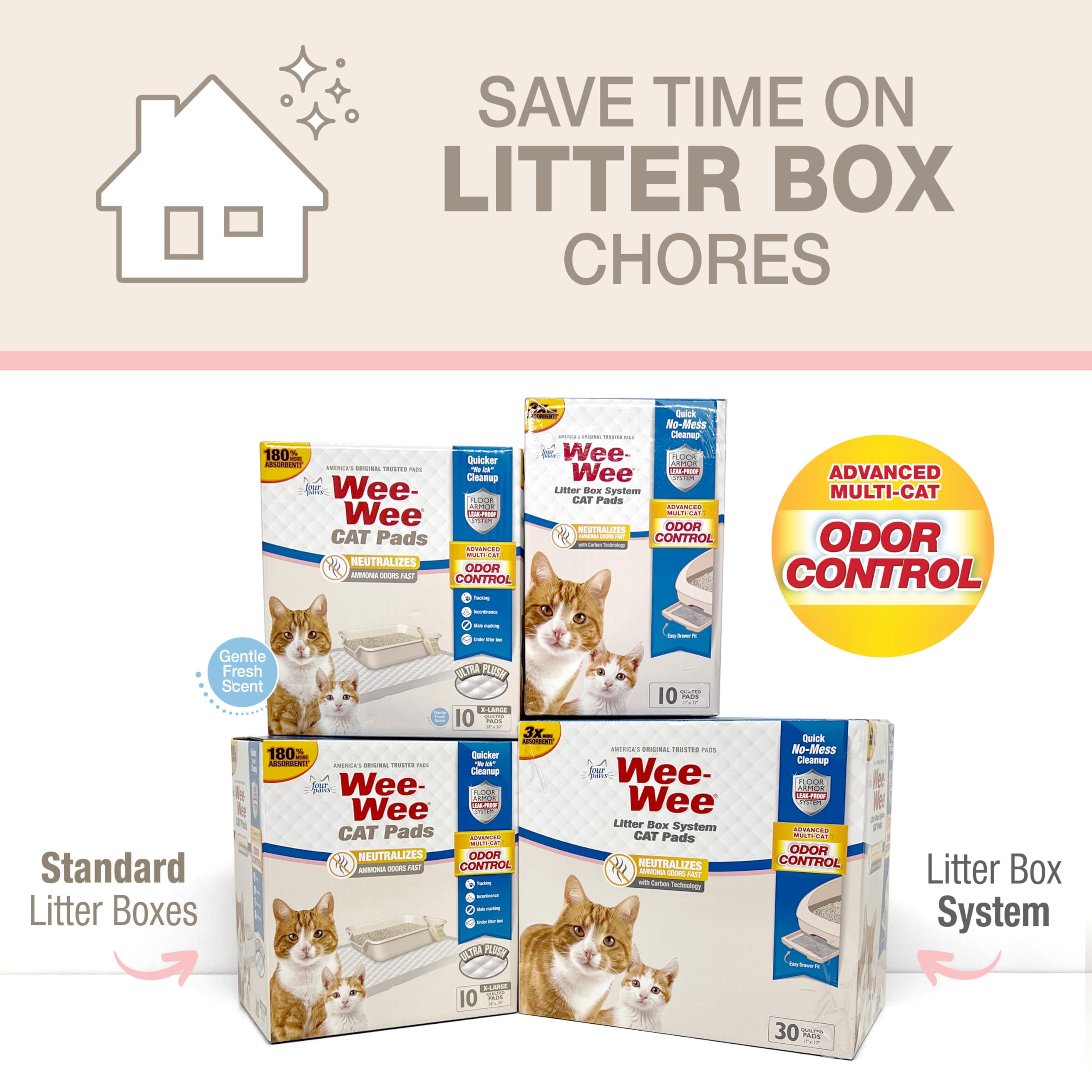 Four Paws Wee-Wee Litter Box System Cat Pads Refills, Advanced Multi-Cat Odor Control with Carbon Charcoal Technology, Litter Bo