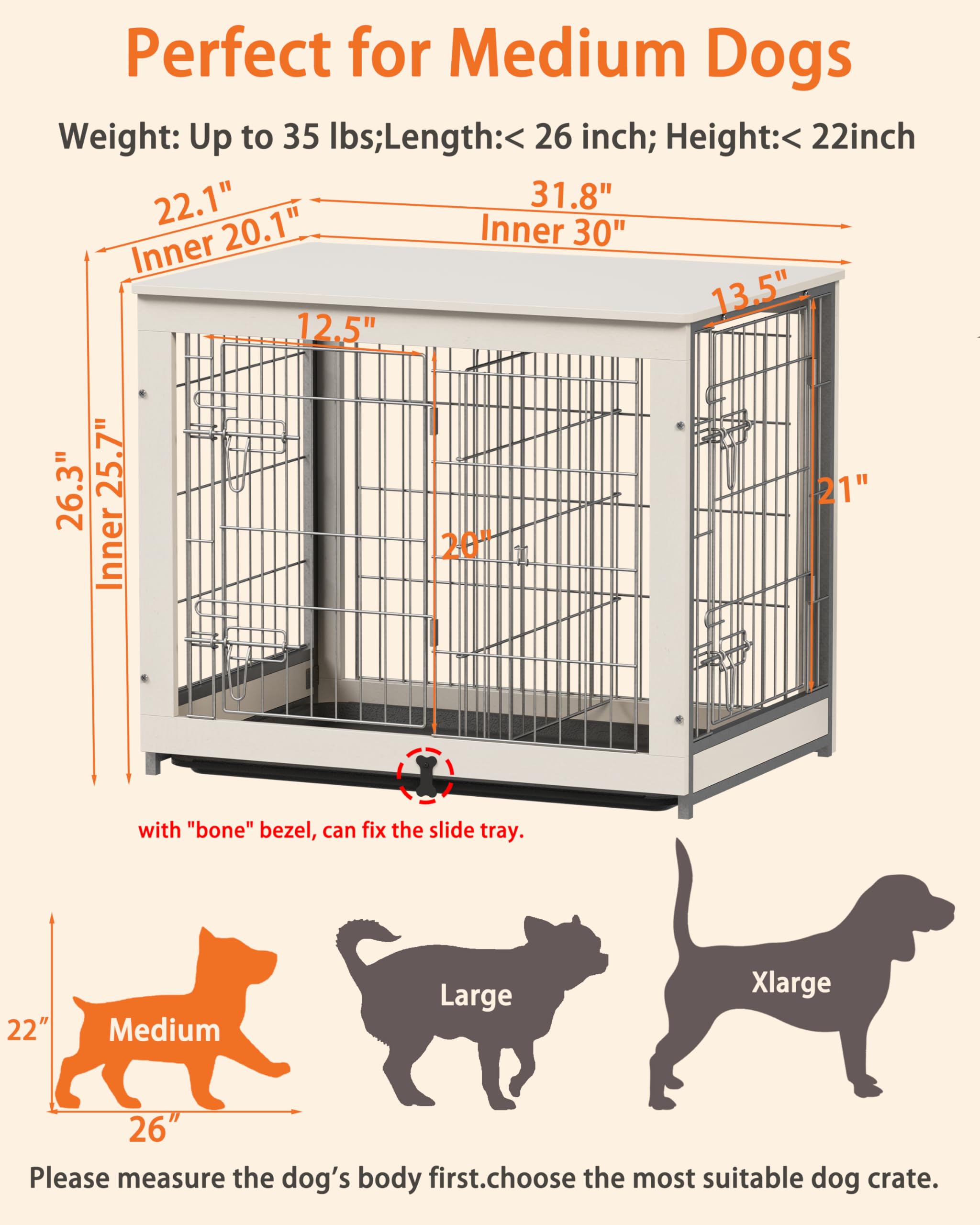 Piskyet Wooden Dog Crate Furniture with Divider Panel, Dog Crate End Table with Fixable Slide Tray, Double Doors Dog Kennel Indo