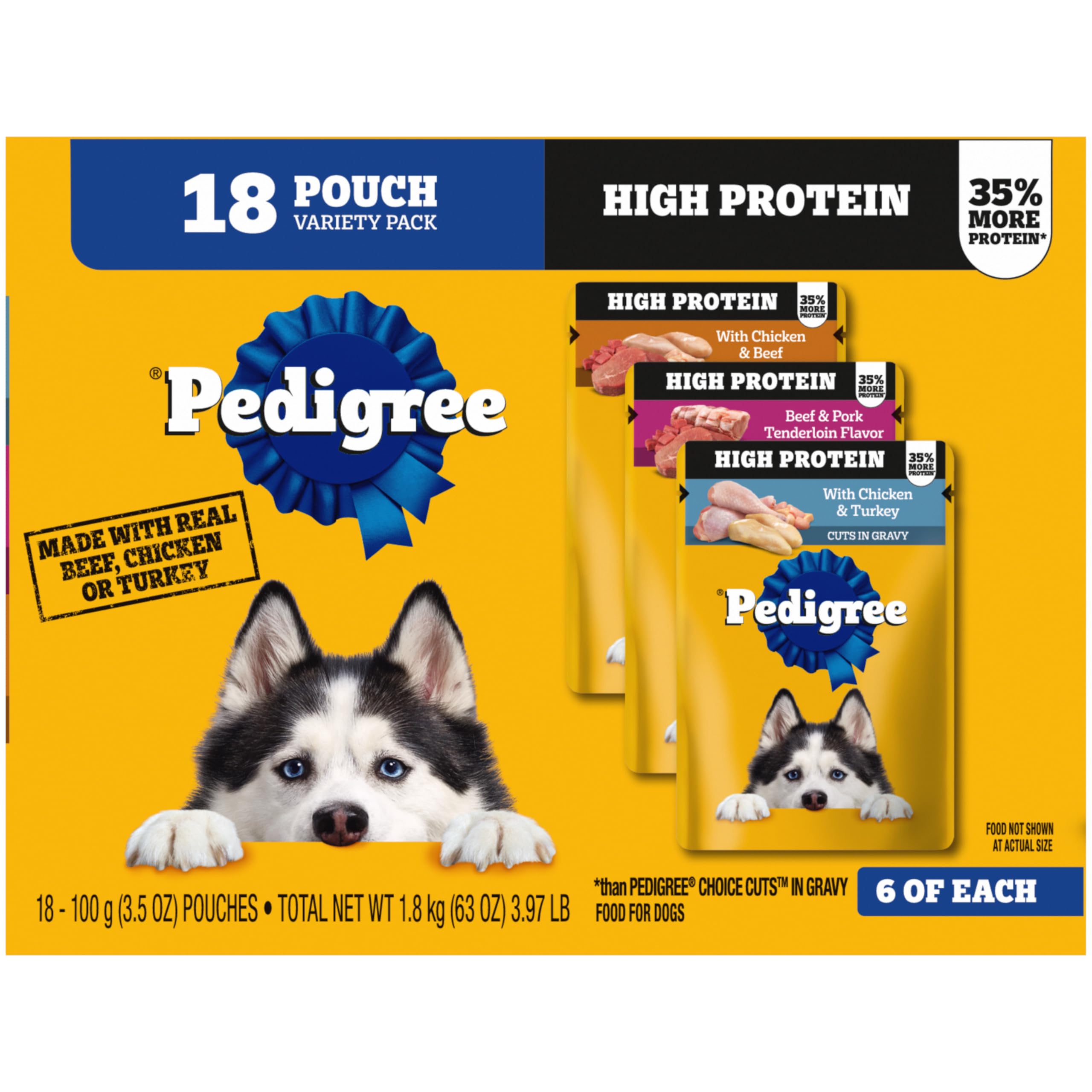 Pedigree High Protein Wet Dog Food Pouches, Variety Pack, 3.5 oz. Pouches,(Pack of 18)