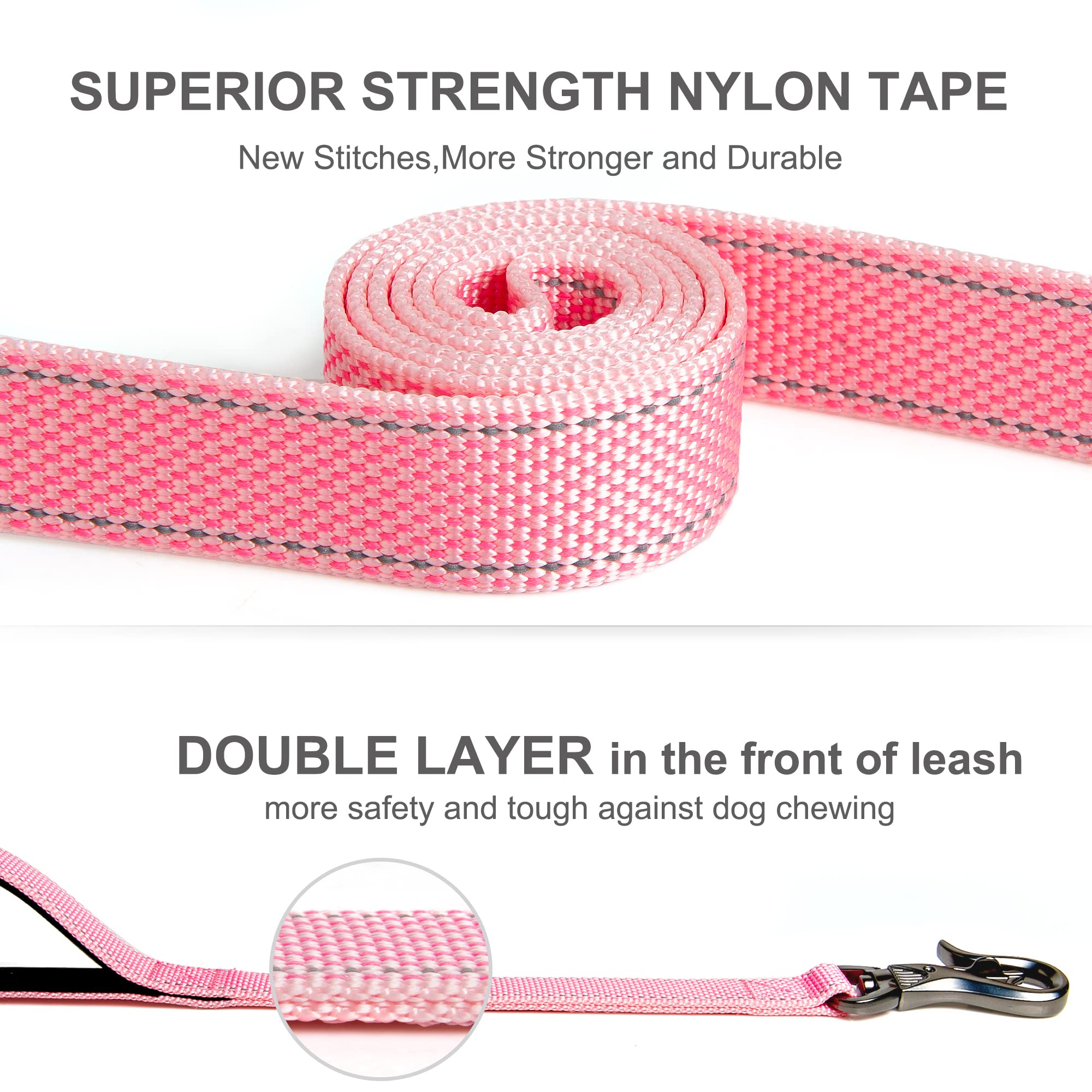 Fida 6 Ft Heavy Duty Dog Leash With 2 Comfortable Padded Handles, Traffic Handle & Advanced Easy Snap Hook, Reflective Walking Lead For Large, Medium & Small Breed, Pink