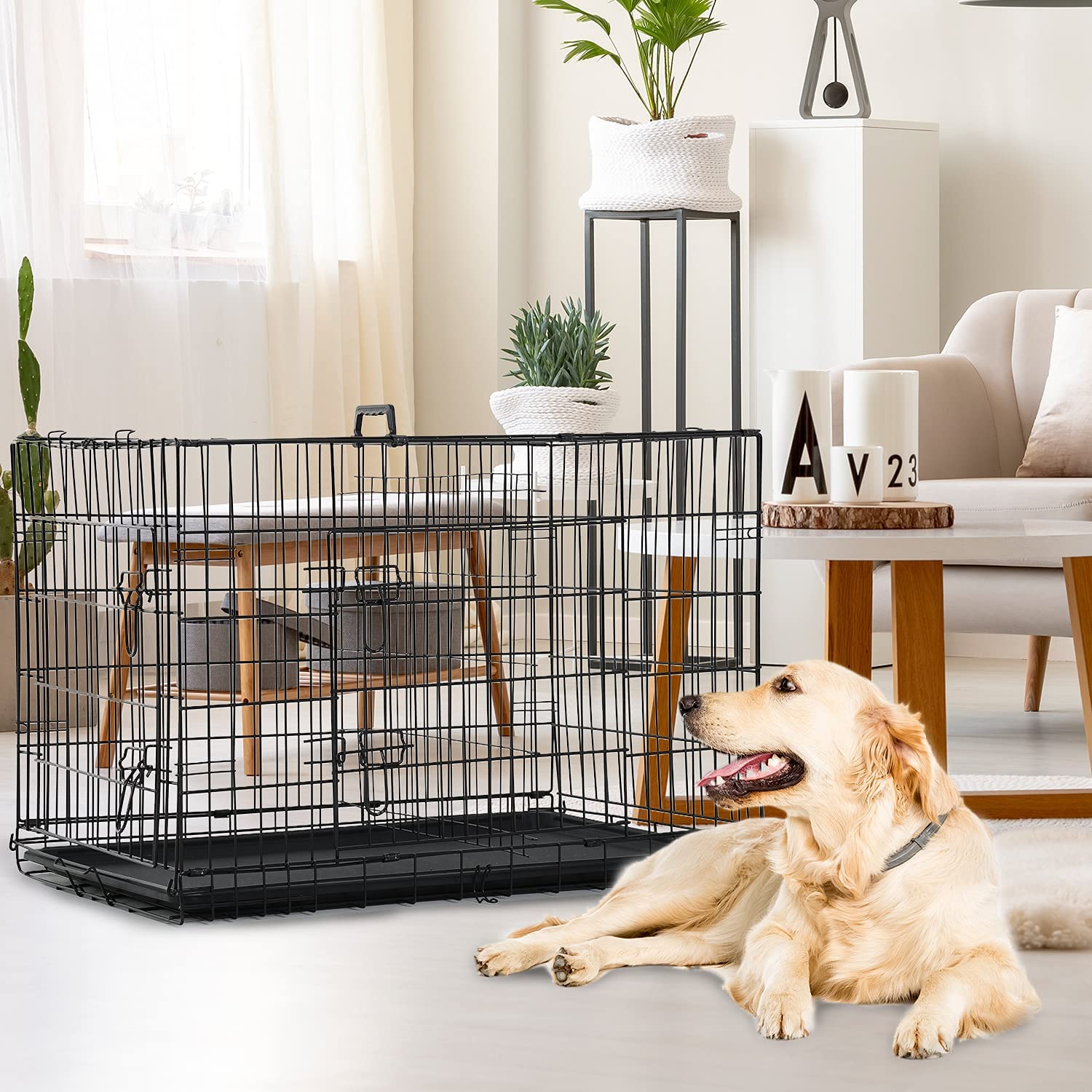 Hcy Dog Cage Dog Crate Dog Kennel Folding Metal Pet Crate For Small/Medium/Large Dogs 42 Inch Double Doors Puppy Kennel With Divider Panel Indoor Outdoor Travel Use(Black)