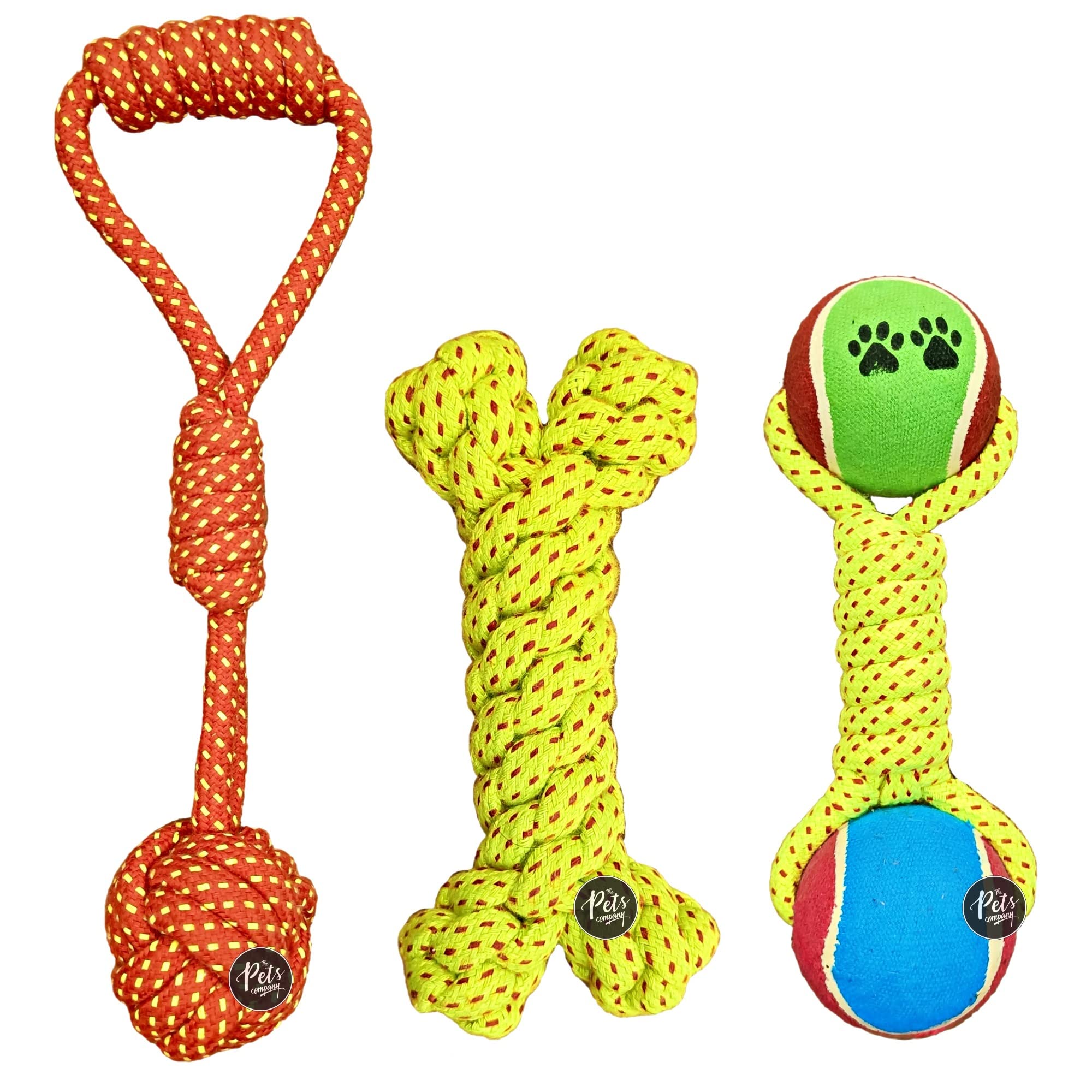 The Pets Company Dog Rope Toy For Adult Aggressive Chewers, Dental Cleaning (Rope Bone + Tennis Ball + Tug With Grip) Dog Toy Co