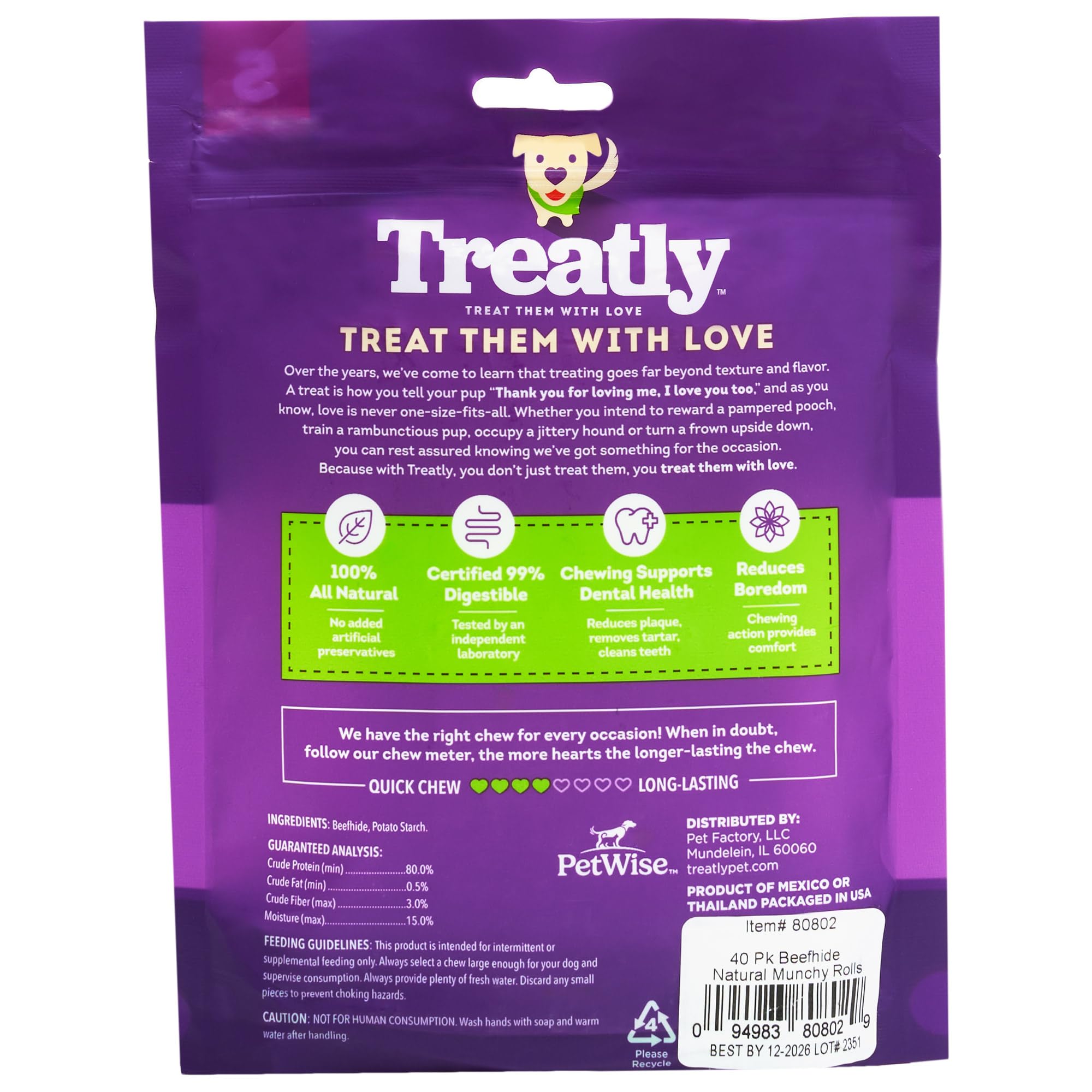 Treatly Beefhide Munchy Sticks 5 Dog Chew Treats - Natural Flavor, 40 Count/1 Pack