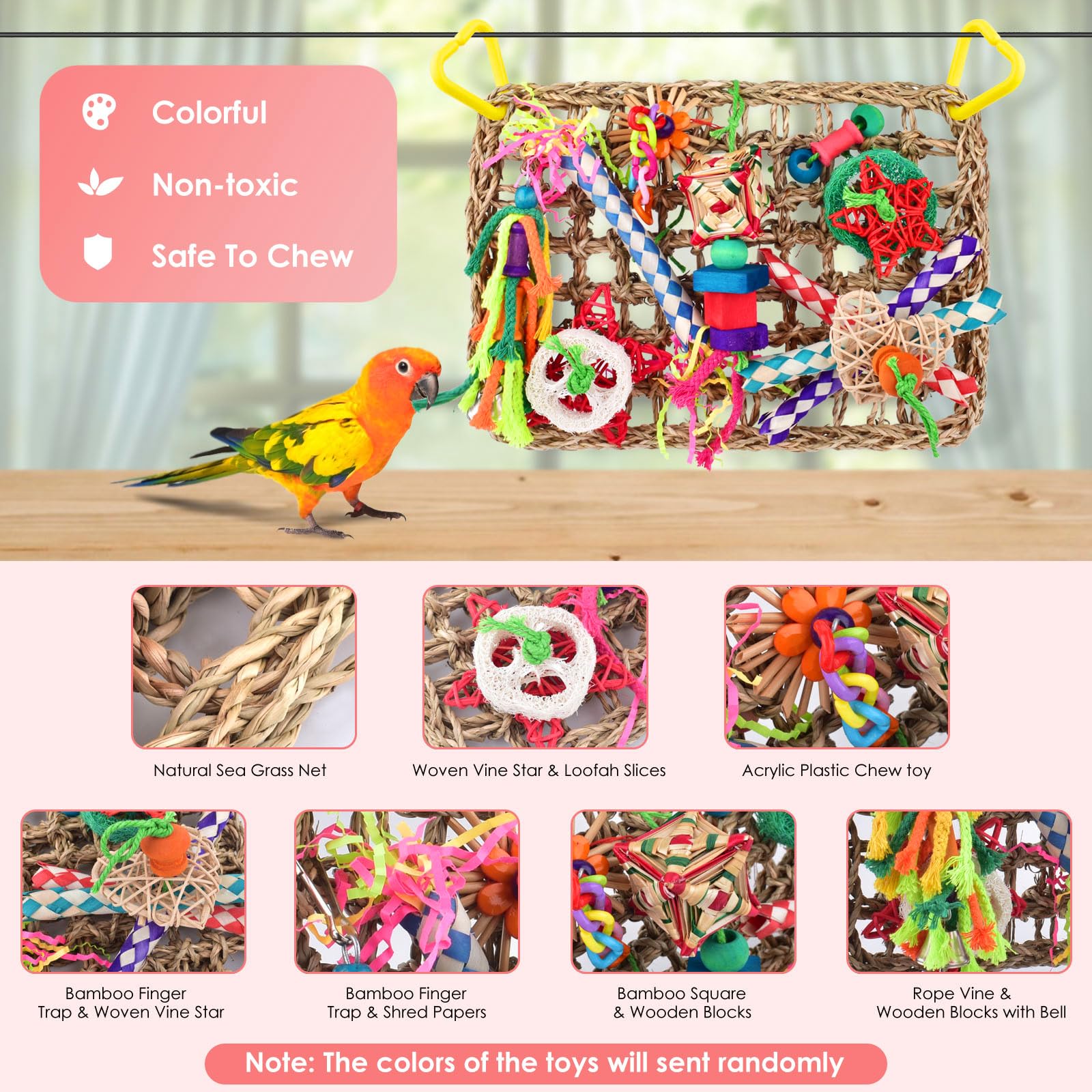 Katumo Bird Toys, Large-Sized Parrot Foraging Wall Grass Mat Conure Chewing Hanging Toys Cockatiel Climb Hammock Parakeet Toys For Small-Medium Birds