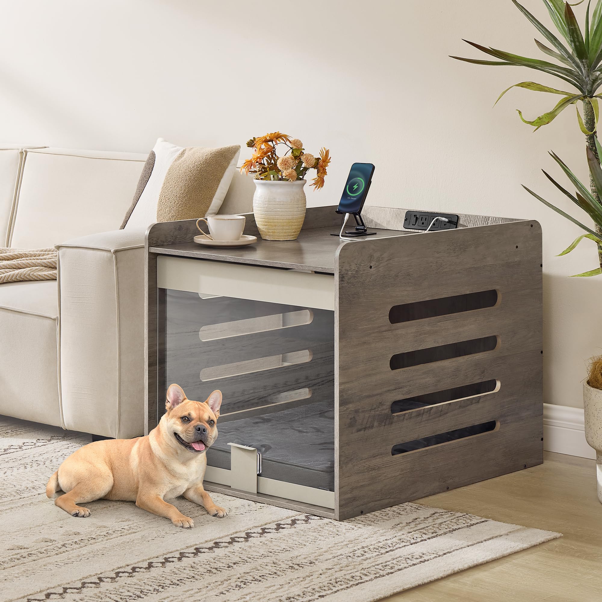 Feandrea Modern Dog Crate Furniture with Charging Station, Kennel Indoor with Flip-up Hidden Acrylic Door, for Small and Medium 