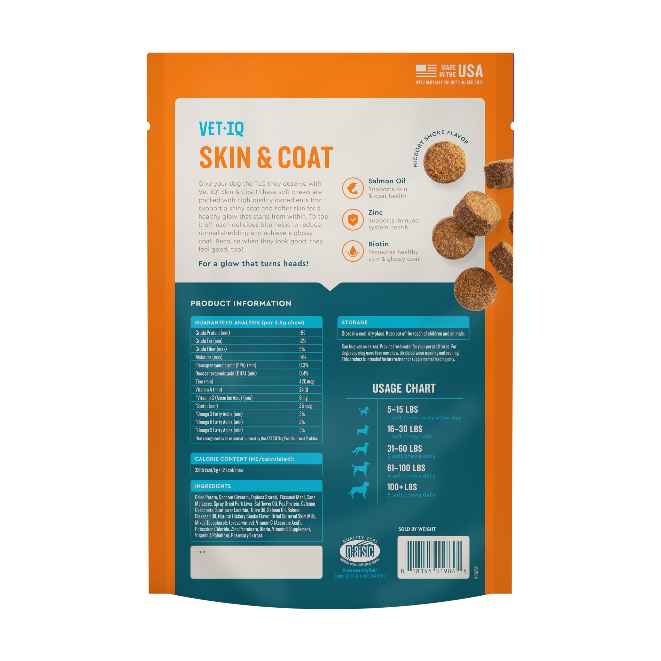 VetIQ Skin and Coat Supplement for Dogs, Helps Maintain Healthy Skin and Shiny Coat, Hickory Smoke Flavor Dog Chew, 60 Count