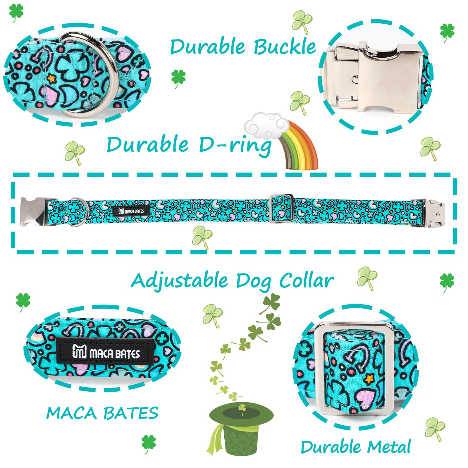 Maca Bates St Patricks Day Dog Collar Irish Clover Dogs Rainbow Cute Clovers Soft Adjustable Durable Saint Patrick'S Shamrock Sp